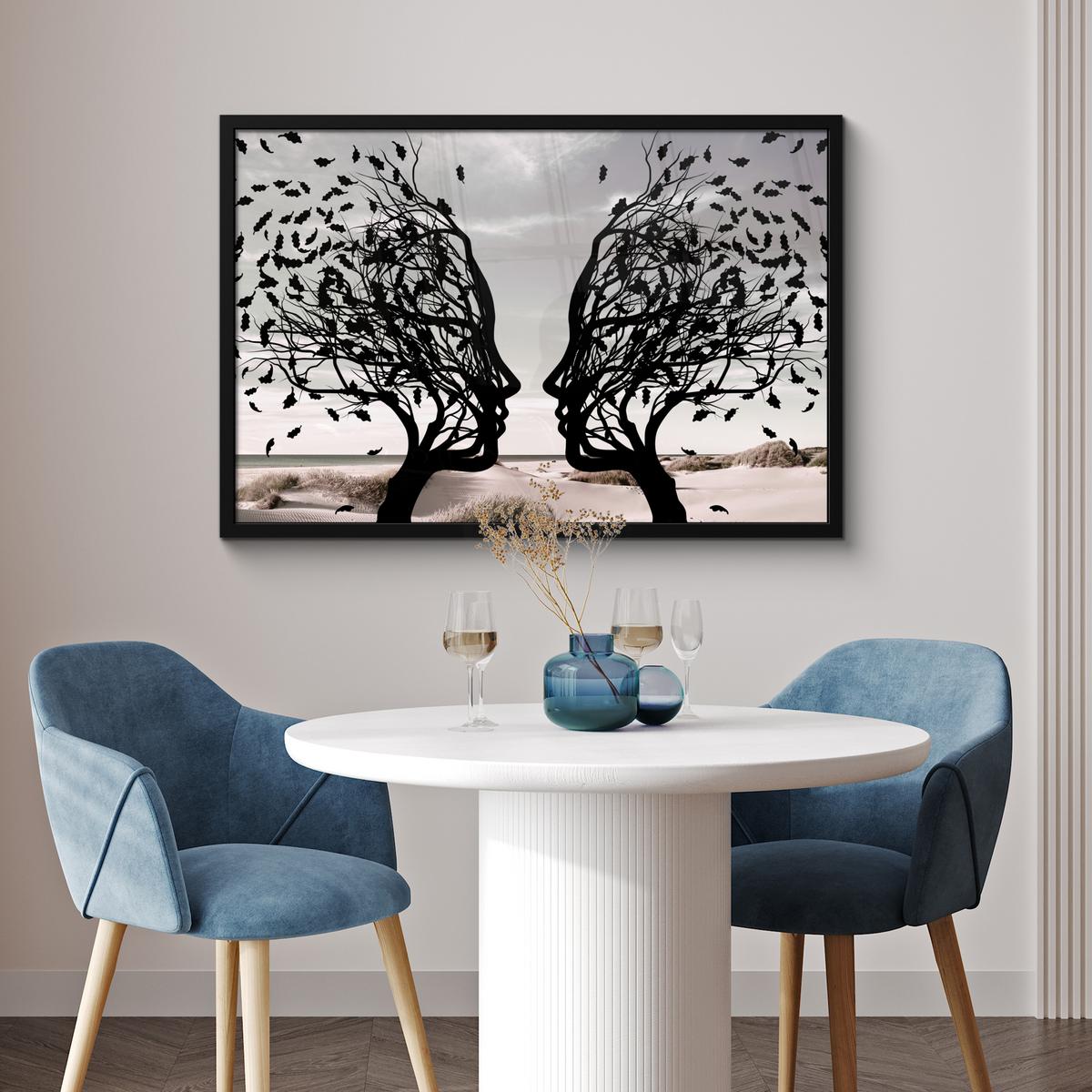 POSTER MIT RAHMENGERAHMTES BILD Strand - Meer - Menschen - Baum - Moderne Kunst 90x60 cm - Hellgrau, Papier (90/60cm) - MuchoWow