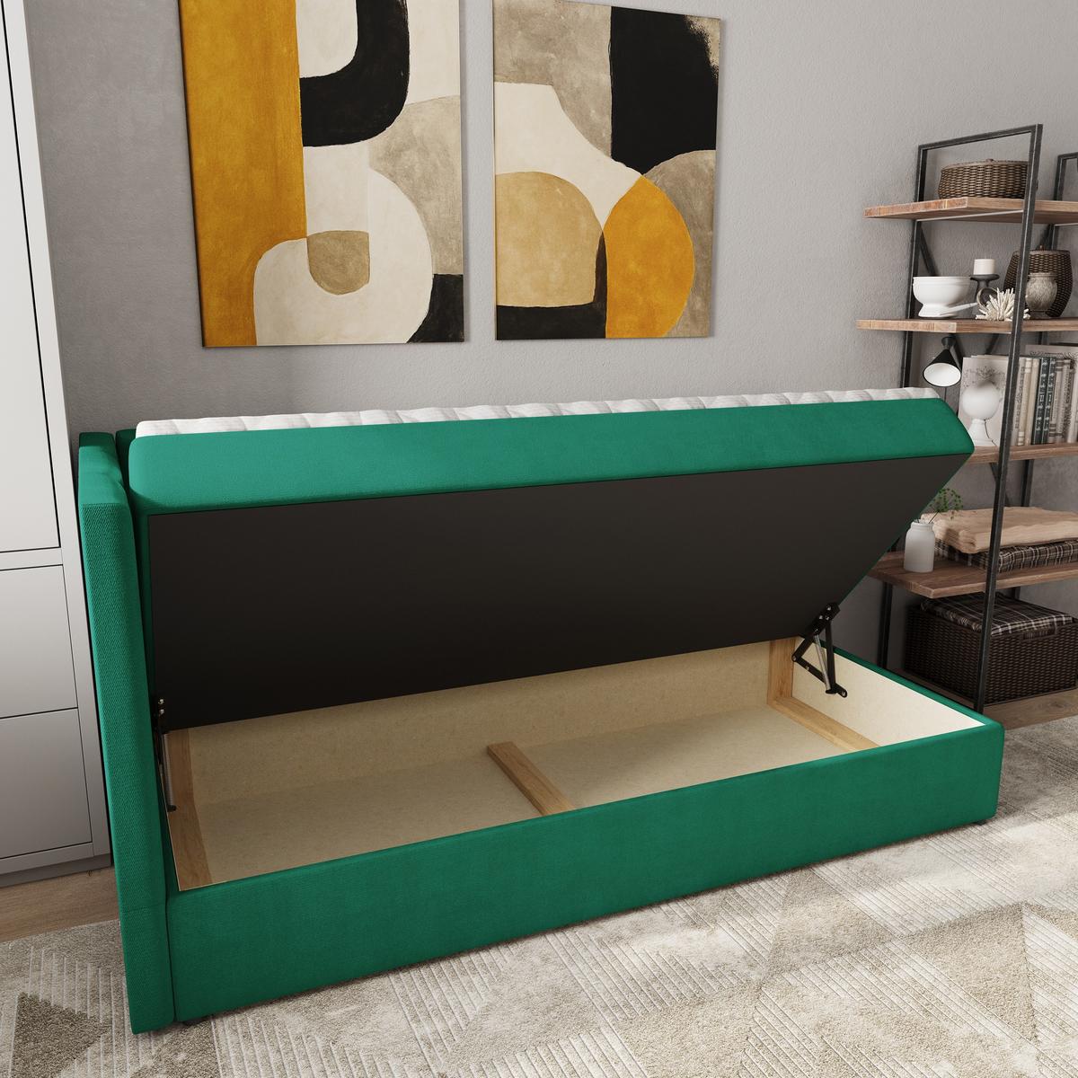 BOXBETT BEVE 90x200 cm mit Matratze und Topper, H2+H3 - Grün - Grün, Holz (90/200cm) - MASSENO