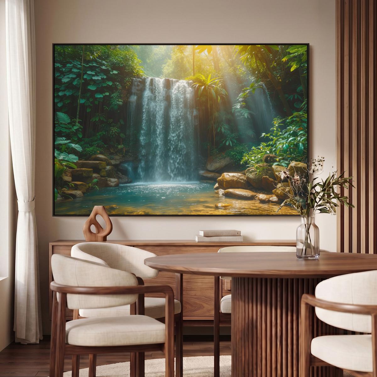 LEINWAND Bilder mit Rahmen - Wasserfall - Dschungel - Sonne - Grün - Natur - 120x80 - Grün, Textil (120/80cm) - MuchoWow
