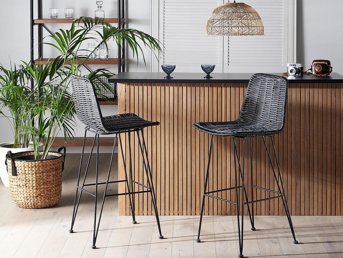BARHOCKER 2er-Set Rattan Schwarz Cassita - Schwarz, Naturmaterialien/Metall (43/103/47cm) - Beliani