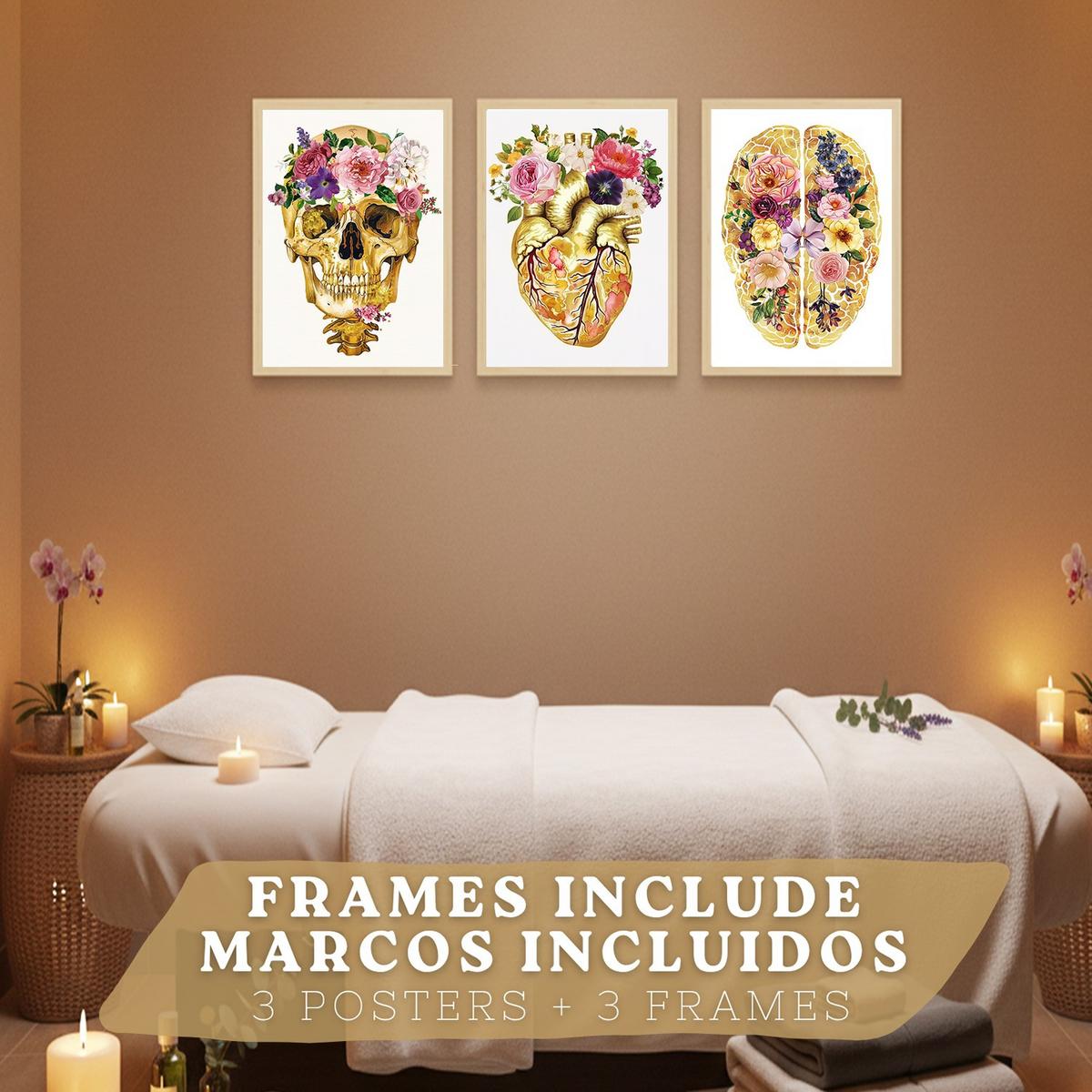 POSTER Set aus 3 Anatomie Mensch Drucke und mit Schädel Gehirn und Herz Goldene Florale Künstlerische Illustration Größe Leichter Holzrahmen A3 - Beige, Papier (29.7/42/3cm) - Nacnic