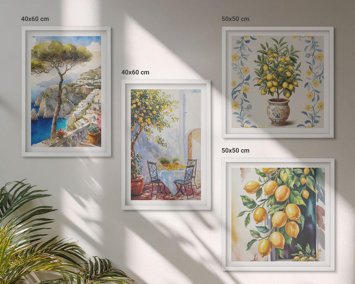 BILDER SET 4er Set - 50x50 cm & 40x60 cm Weißer Rahmen - Zitronenbäume am Meer - Weiß, Kunststoff (50/50cm) - TULUP