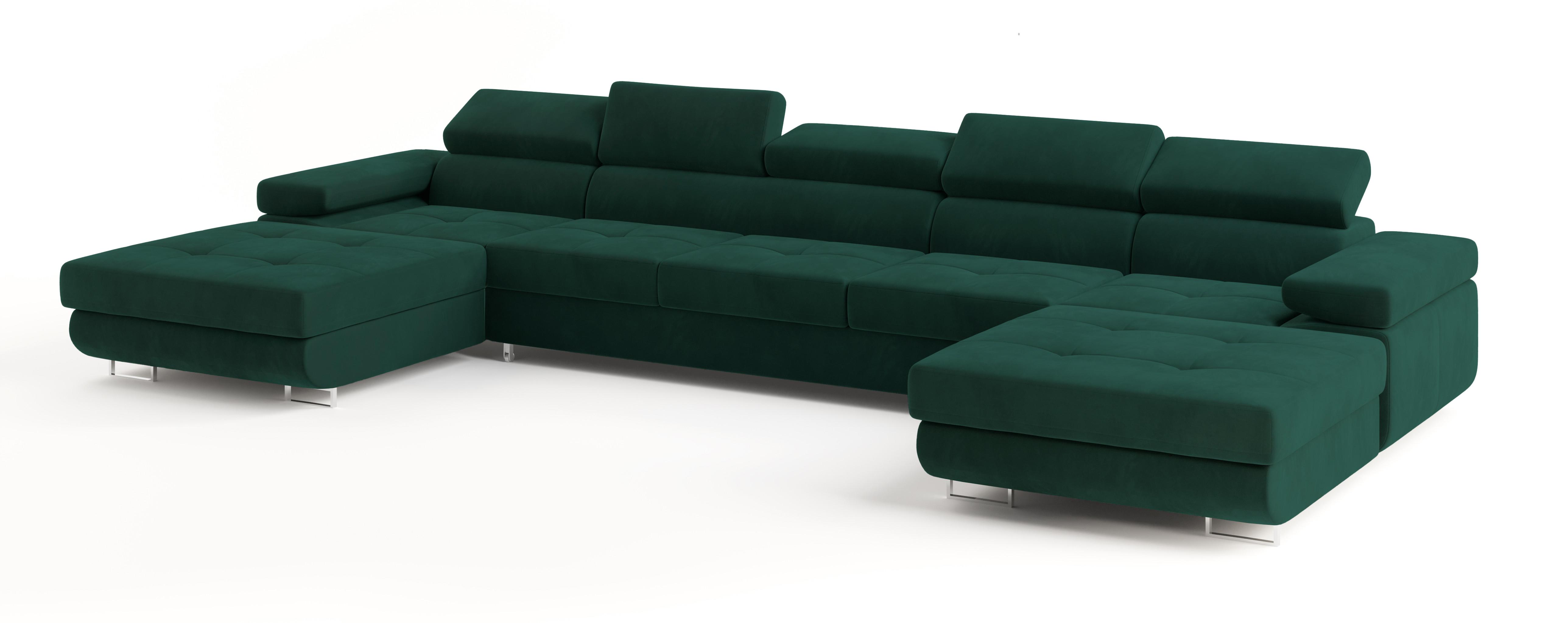 WOHNLANDSCHAFT OMBRA Grün Velours-Stoff mit Schlaffunktion - Grün, Holz (425/90/202cm) - MASSENO