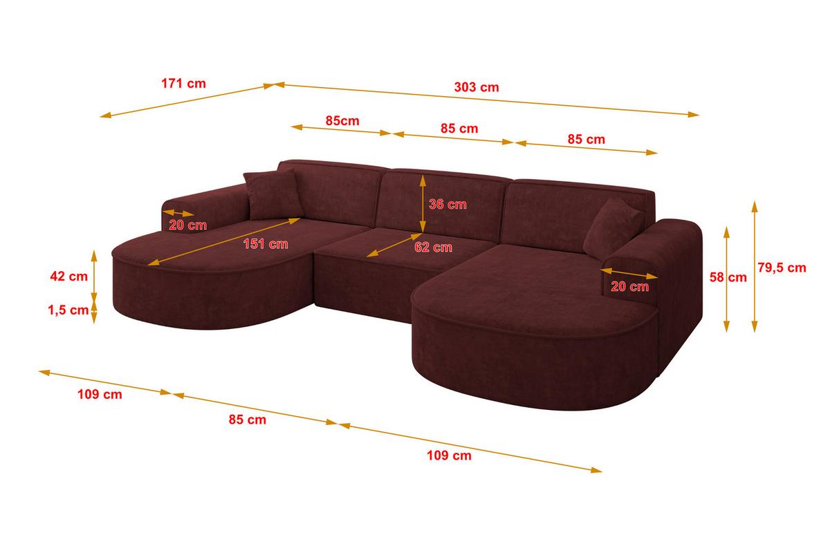 WOHNLANDSCHAFT MARI-U1 - 303x171x79 cm Bordeaux Velours - Bordeaux/Schwarz, Holzwerkstoff/Kunststoff (303/79/171cm) - ALTDECOR