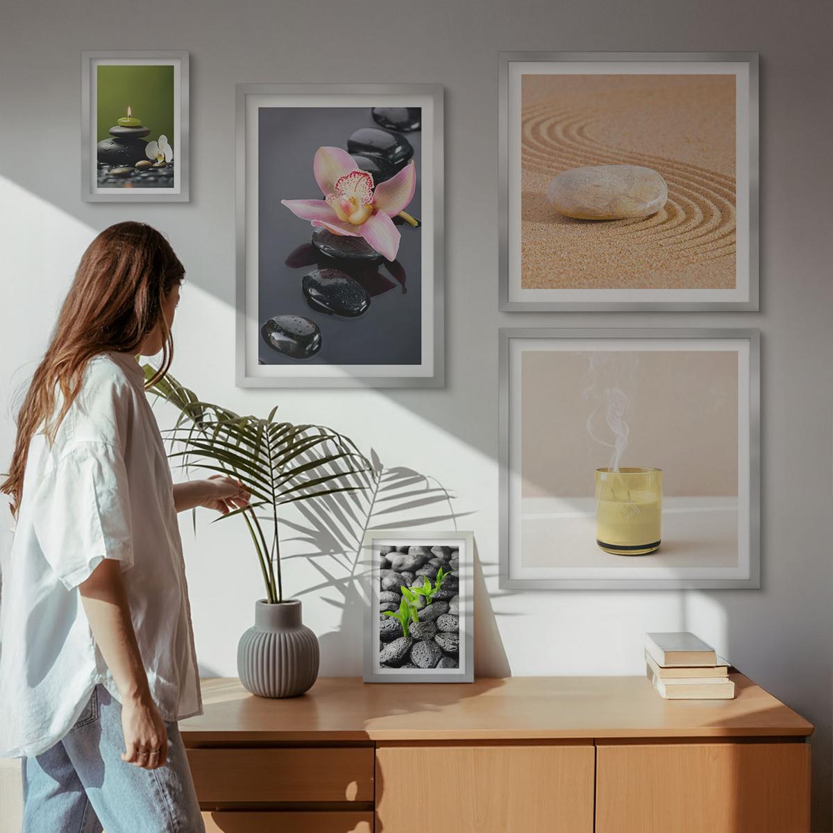 BILDER SET 5er Set - 50x50 cm & 20x30 cm & 40x60 cm Silberner Rahmen - Der Frieden der Natur mit Buddha - Silberfarben, Kunststoff (40/60cm) - TULUP