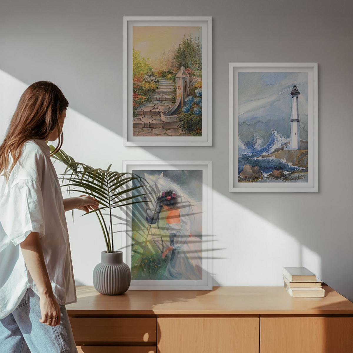 BILDER SET 3er Set - 40x60 cm Weißer Rahmen - Landschaft Leuchtturm Pferd Mädchen - Weiß, Kunststoff (40/60cm) - TULUP