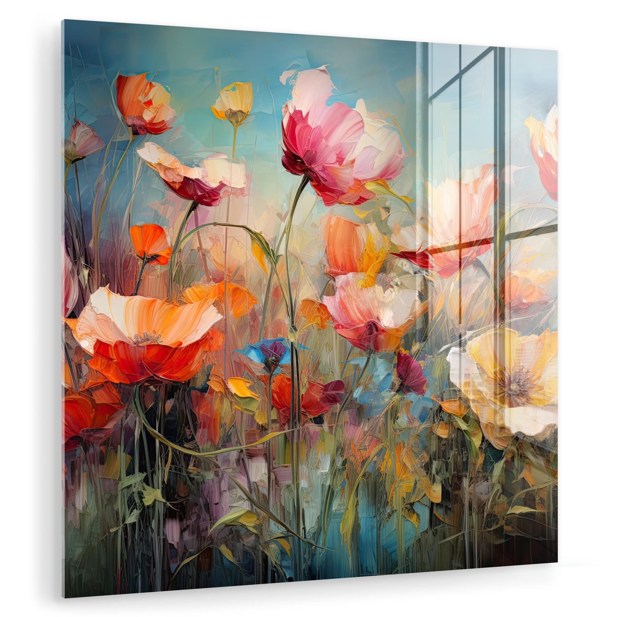 ACRYLGLASBILD Blumen - Aquarell - Kunst - Botanisch - Natur 50x50 cm - Orange, Glas (50/50cm) - MuchoWow