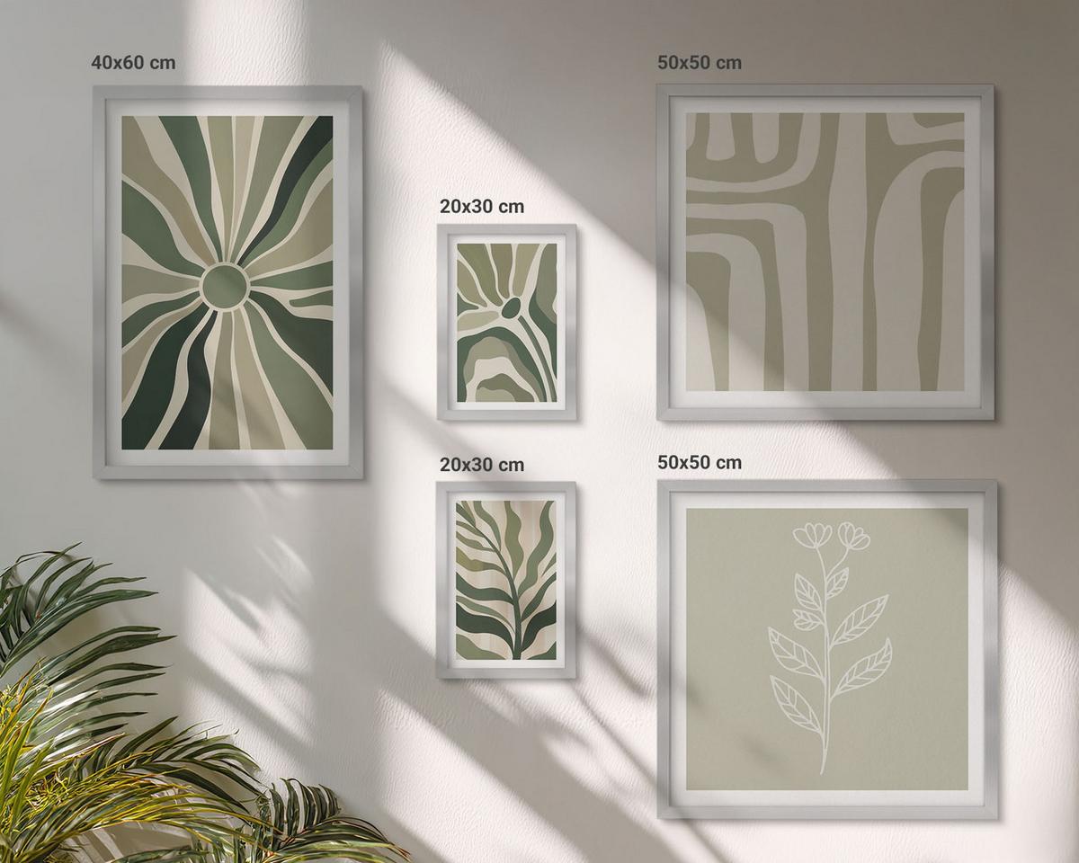 BILDER SET 5er Set - 50x50 cm & 20x30 cm & 40x60 cm Silberner Rahmen - Pflanzenmuster grüner Minimalismus - Silberfarben, Kunststoff (40/60cm) - TULUP