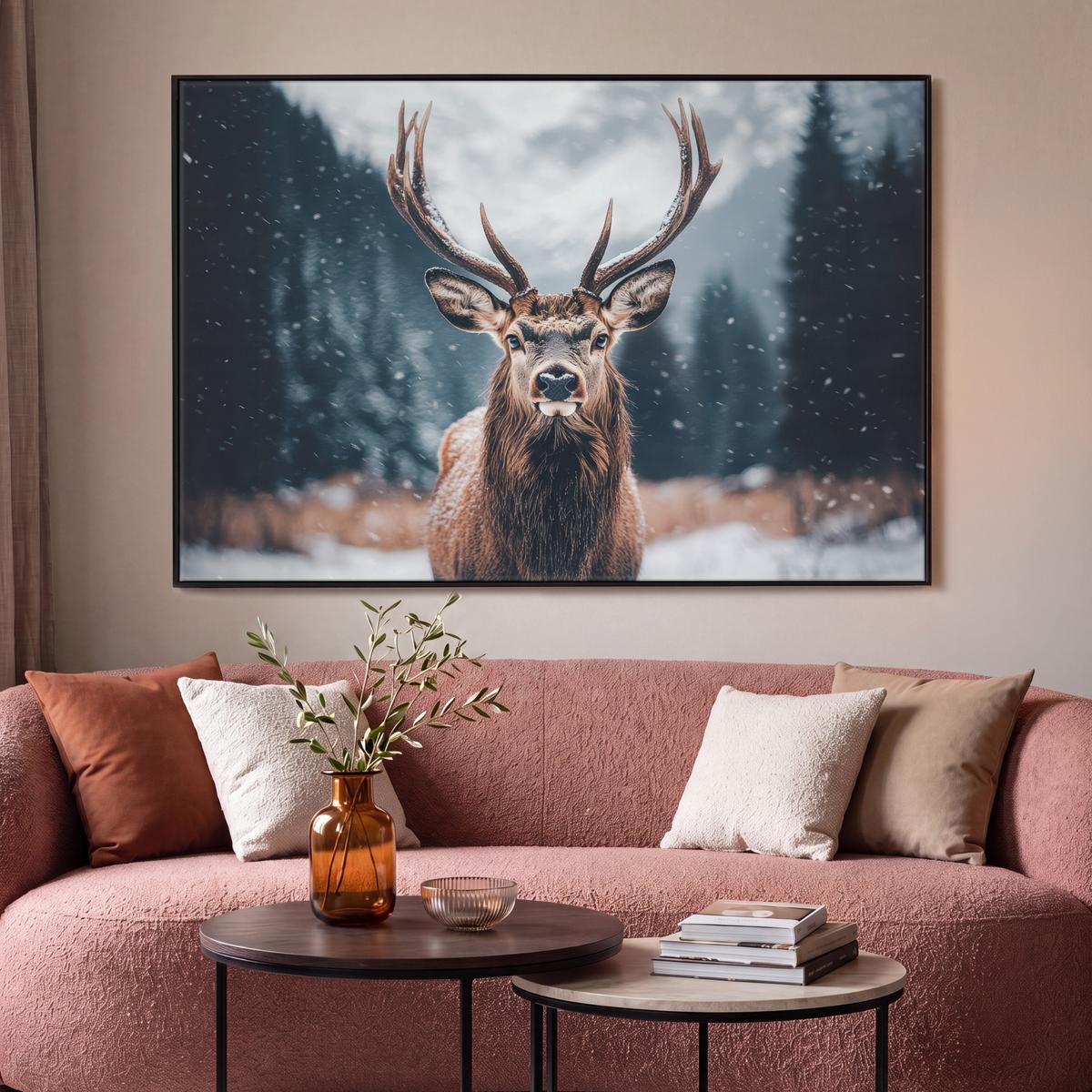 LEINWAND Bilder mit Rahmen - Hirsche - Tiere - Landschaft - Winter - Schnee - 150x100 - Kastanienfarben, Textil (150/100cm) - MuchoWow