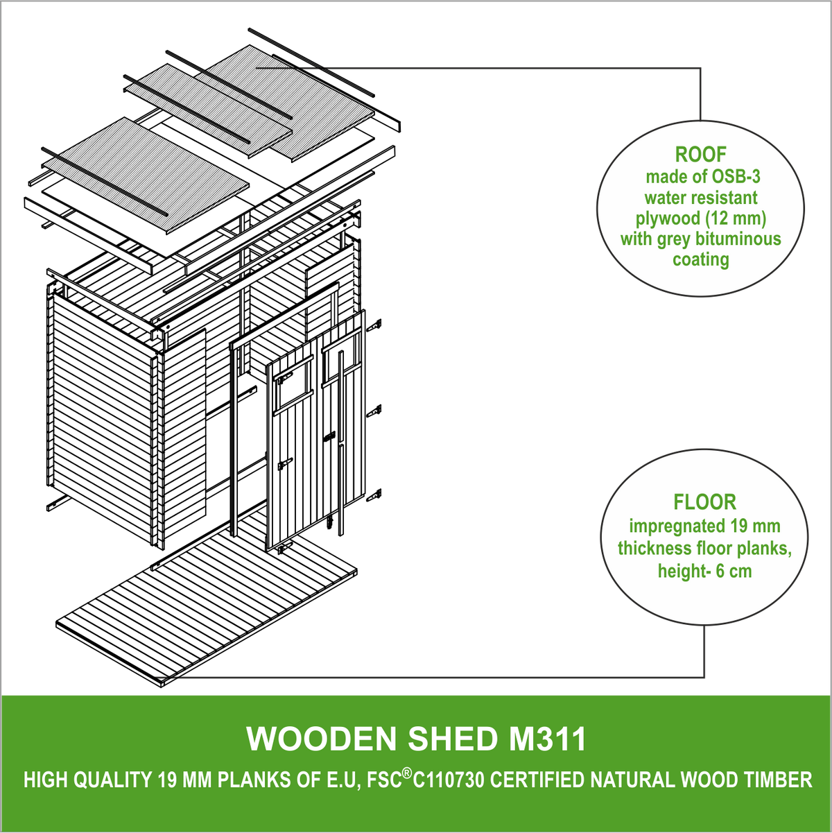 HOLZ-GARTENHAUS mit imprägniertem BodenB204xL142xH200 cm/ 2,22 m2 - M311+M311G - Beige, Holz (204/206/142cm) - Timbela