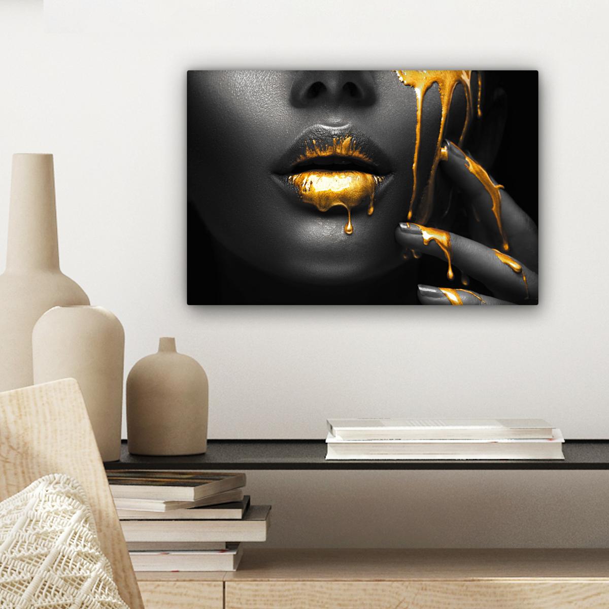 LEINWANDBILD Frau - Schwarz - Gold - Gesicht - Lippen Deko Schlafzimmer 30x20 cm - Goldfarben, Textil (30/20cm) - MuchoWow