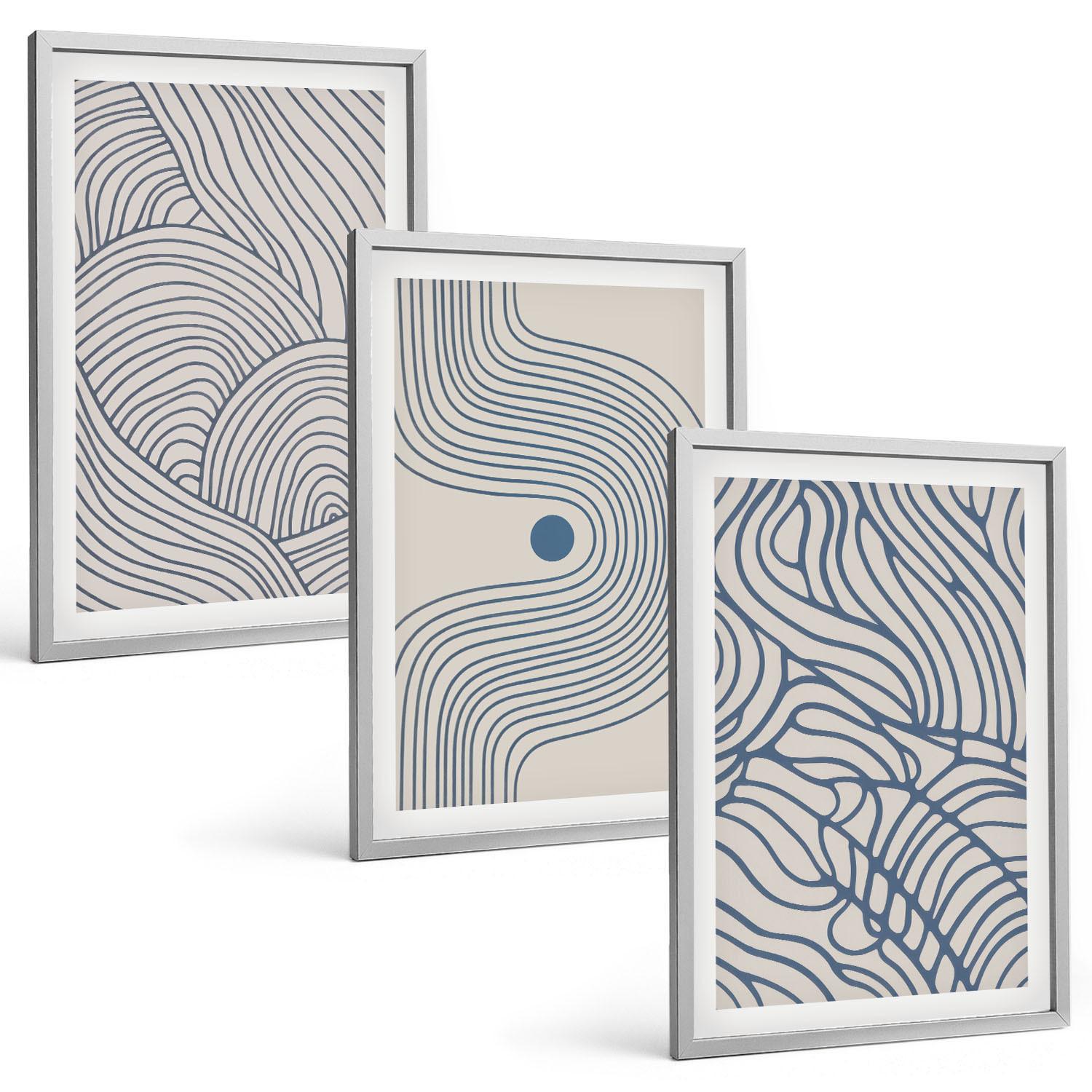 BILDER SET 3er Set - 40x60 cm Silberner Rahmen - Abstrakte Linien, Wellenformen - Silberfarben, Kunststoff (40/60cm) - TULUP