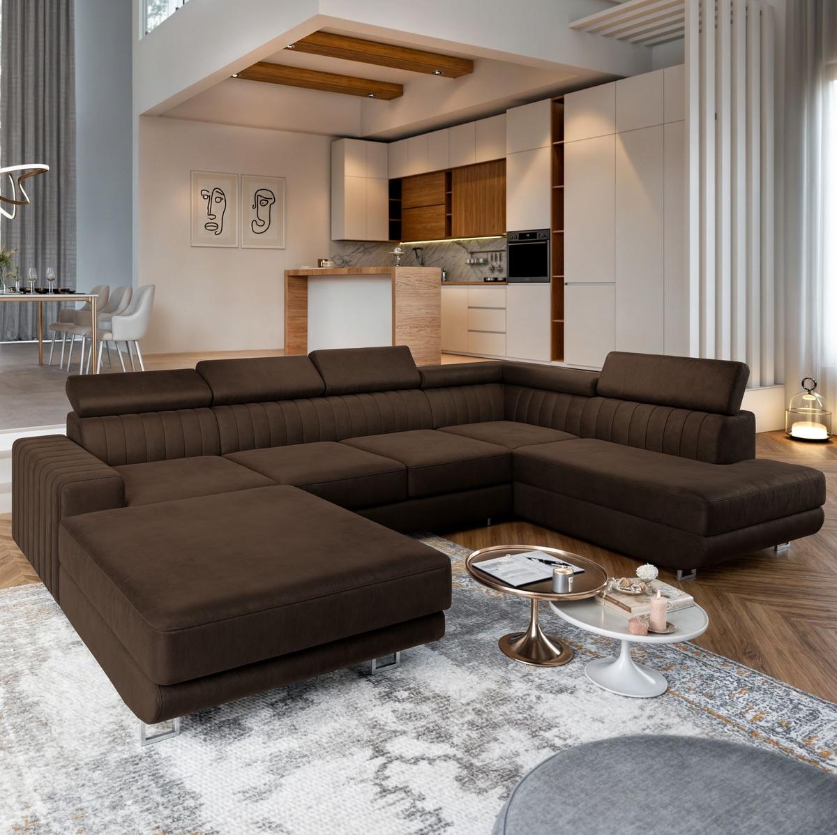 WOHNLANDSCHAFT SIENA R-S Braun Velours-Stoff mit Schlaffunktion - Silberfarben/Braun, Holz/Textil (335/89/190cm) - MASSENO
