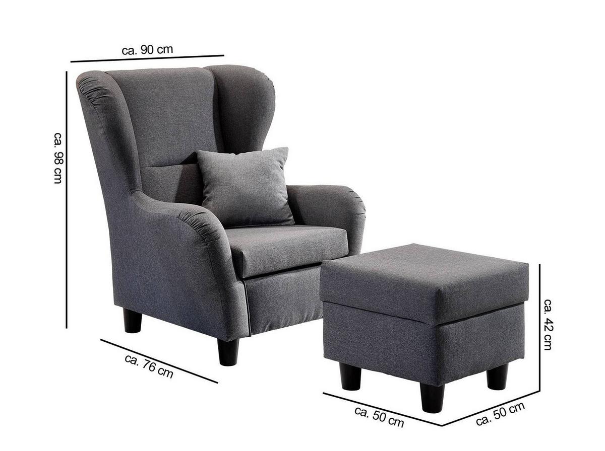 OHRENSESSEL mit HOCKER, hoher Sitzkomfort durch Wellenunterfederung B90/H98/T76 cm, Strukturstoff Grau / 18001 - Schwarz/Grau, Holz/Textil (90/98/76cm) - luma-home