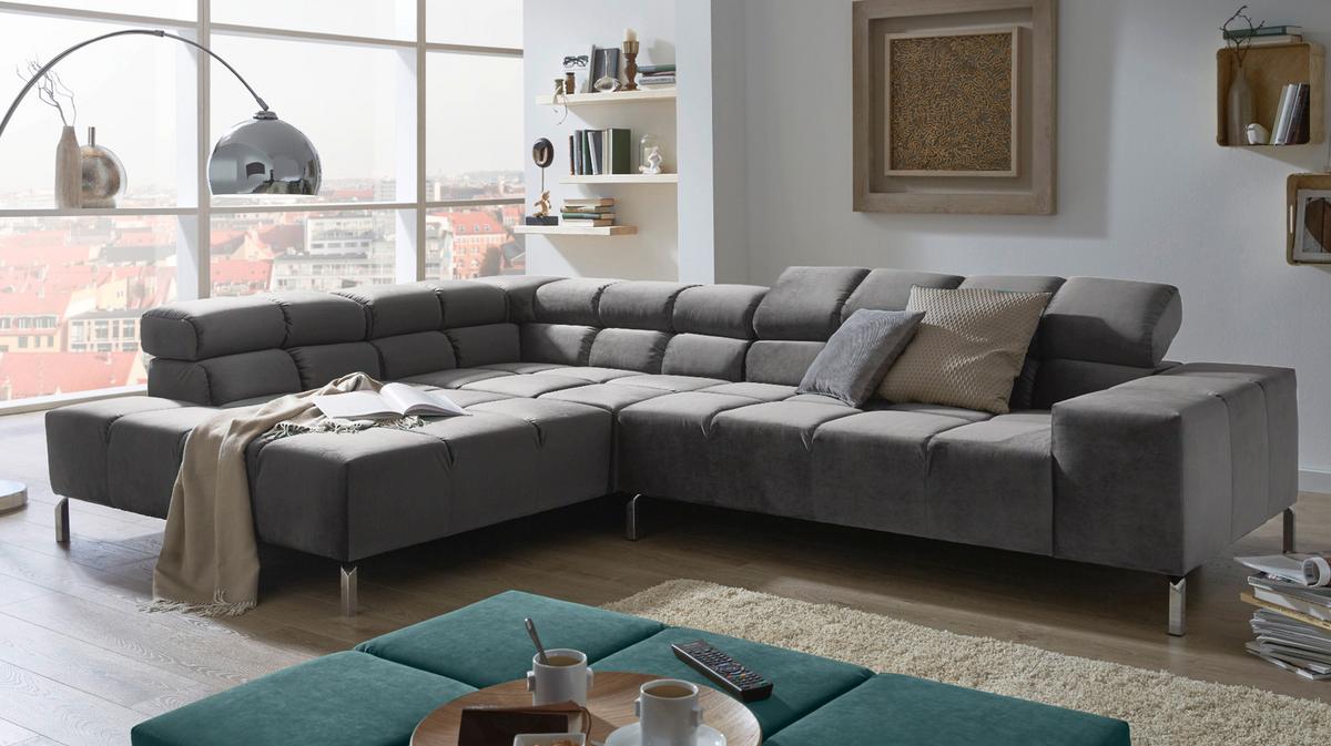 ECKSOFA MIT MOTORISCHEM SITZVORZUG NELSON Grau Velvet Relaxfunktion - Silberfarben/Grau, Textil (321/216cm) - KAWOLA