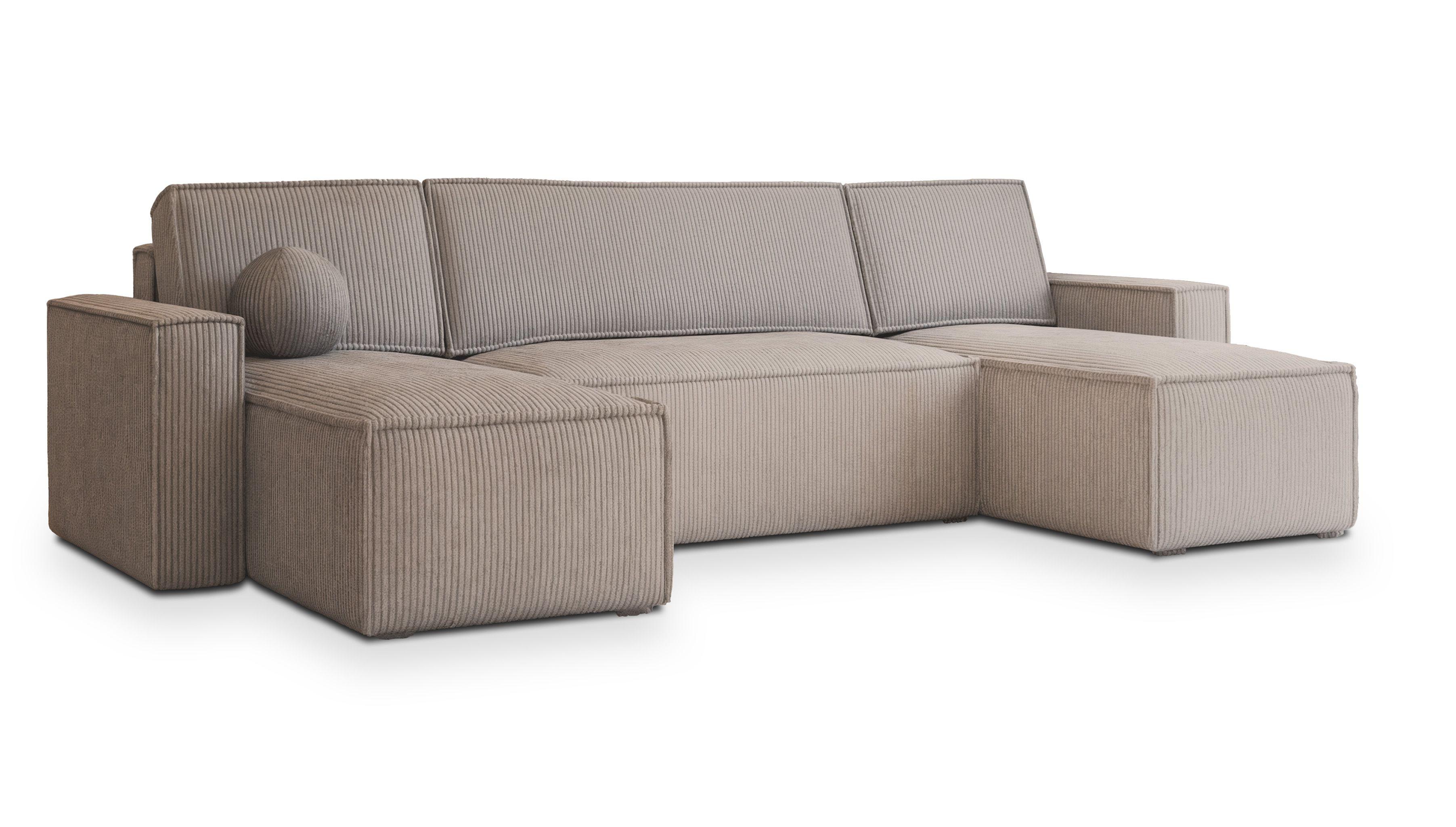 WOHNLANDSCHAFT PESANO P Beige Kordstoff mit Schlaffunktion - Beige/Grau, Holz/Kunststoff (306/85/140cm) - MASSENO