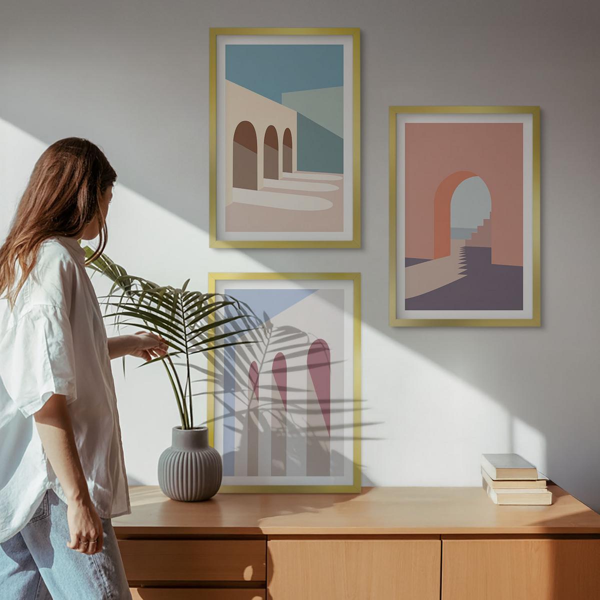 BILDER SET 3er Set - 40x60 cm Goldrahmen - Architekturgrafiken in Pastellfarben - Goldfarben, Kunststoff (40/60cm) - TULUP
