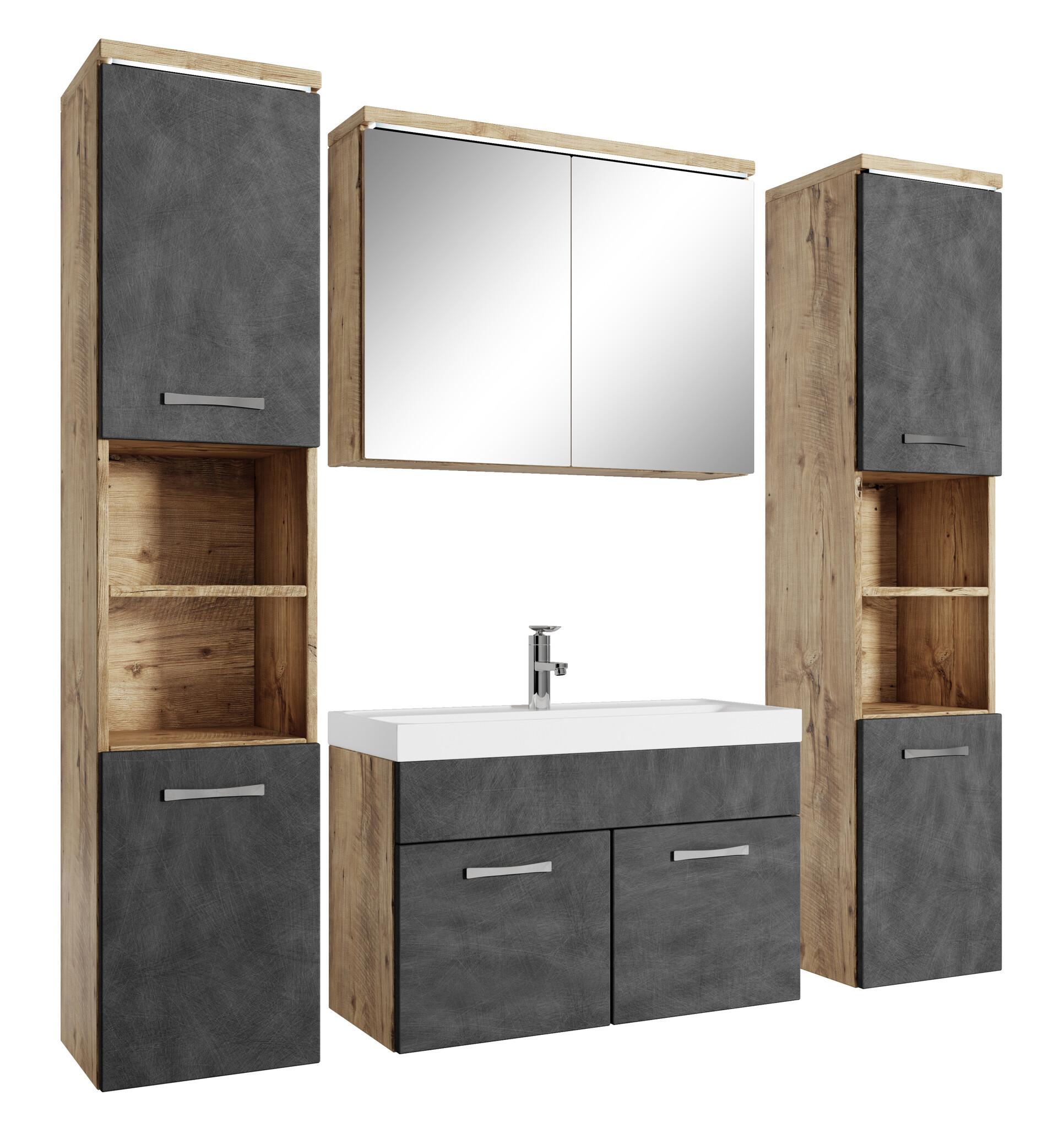 BADMÖBEL-SET Paso LED 5 Teile Kastanien Eiche / Grau - 80 x 35 x 55 cm - Eichefarben/Grau, Holz (80/55/40cm) - Badplaats