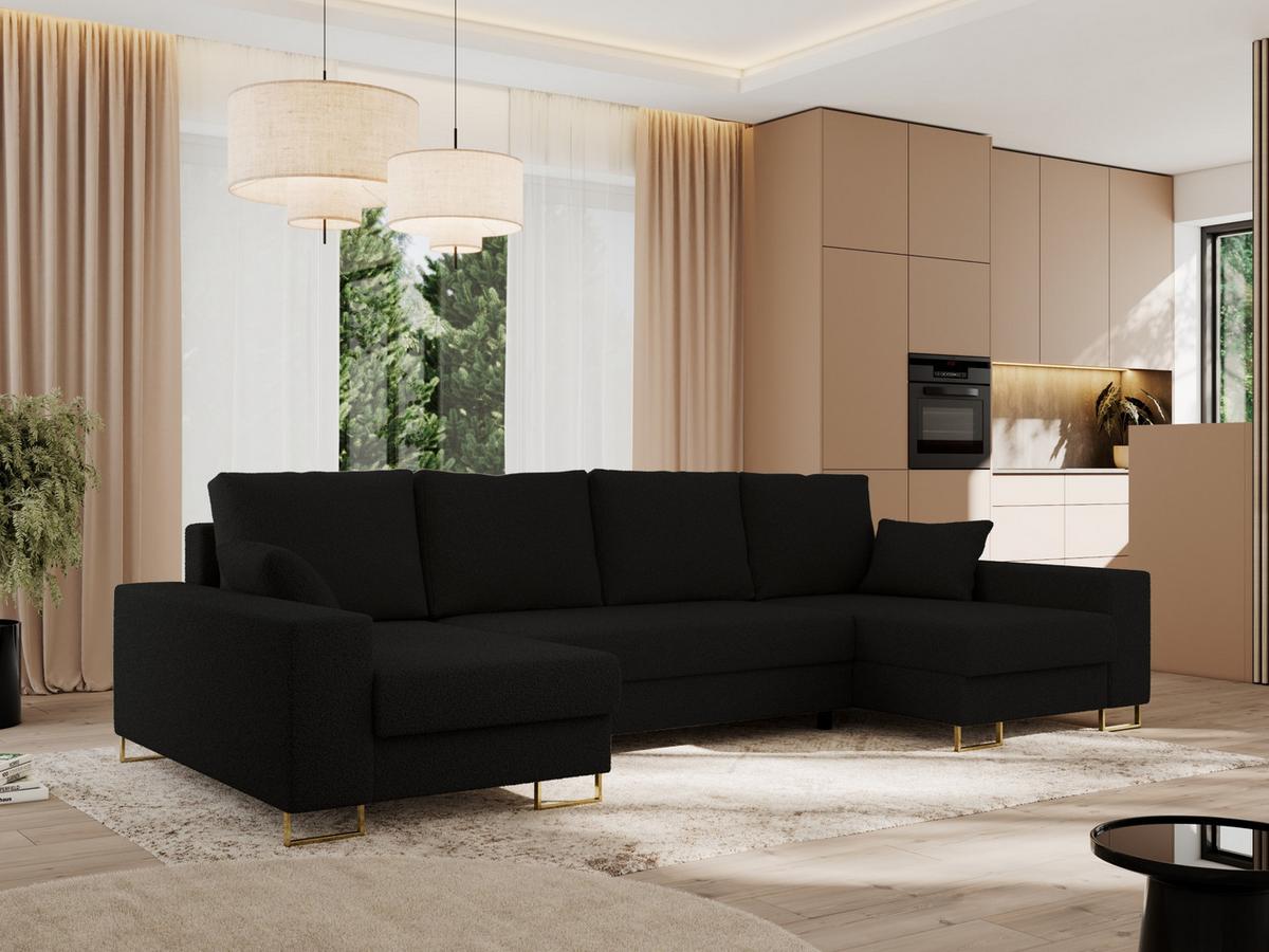 WOHNLANDSCHAFT DORIAN U Bouclé Schwarz - Goldfarben/Schwarz, Textil/Metall (312/85/138cm) - MKS