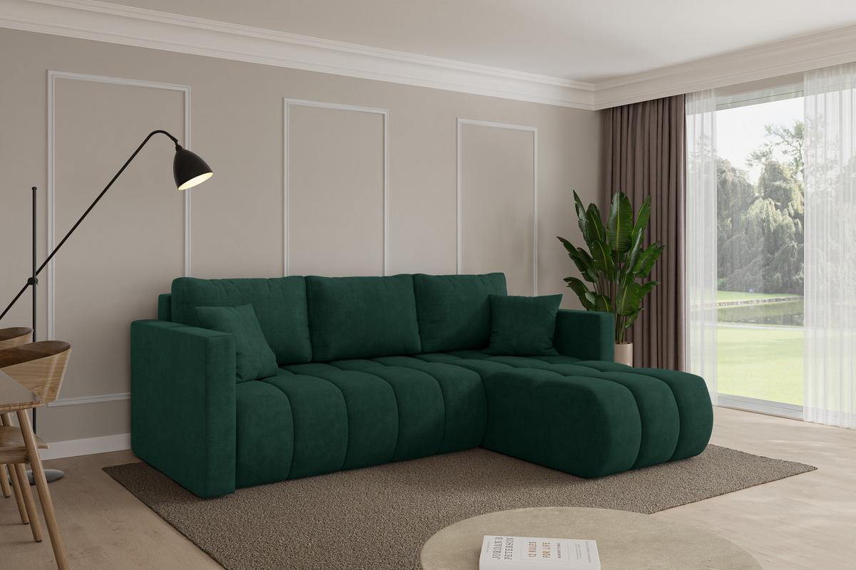 ECKSOFA mit Schlaffunktion Ottomane Rechts GARD-L 226x146x85 Grün Velours - Schwarz/Grün, Holzwerkstoff/Kunststoff (226/146cm) - ALTDECOR
