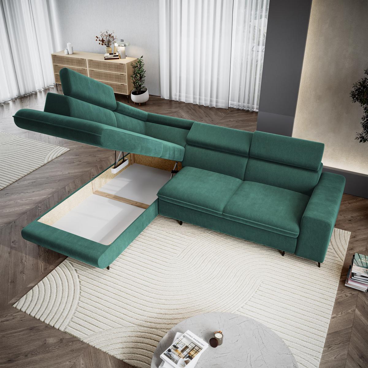 ECKSOFA VELISS Blau Veloursstoff mit Schlaffunktion - Blau, Holz (255/193cm) - MASSENO