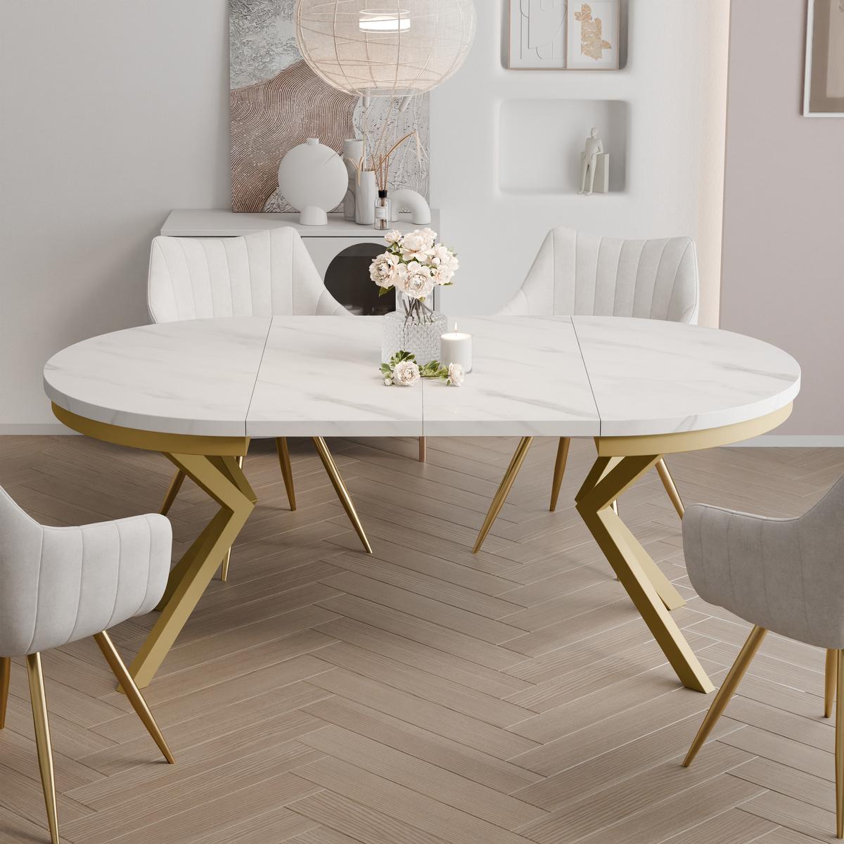 AUSZIEHTISCH MILTON 90-166/76 cm mit Metallgestell und Zarge, Gold / Bianco Marmor - Perlmutt/Goldfarben, Holzwerkstoff/Metall (90/90/76cm) - Idohome