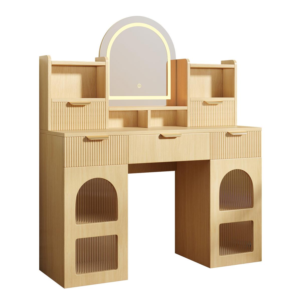 SCHMINKTISCH holzoptik mit LED-Spiegel & Glasvitrinen - Naturfarben, Holzwerkstoff (120/139.5/40cm) - Urban Meuble