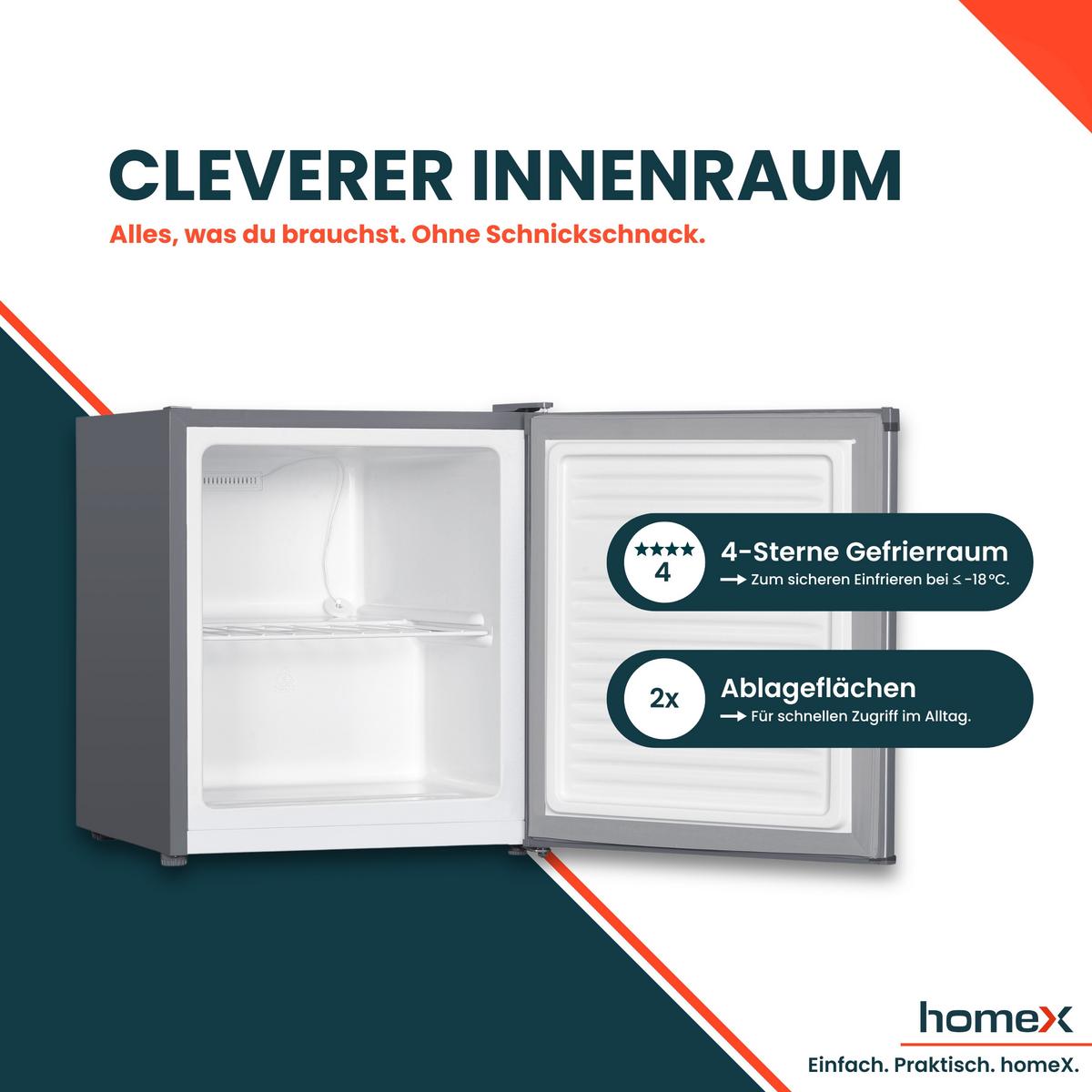 GEFRIERSCHRANK, Mini - 33L Nutzinhalt, 4-Sterne Gefrieren, freistehend, klein, mit Temperaturregelung, FM1015-S silber - Silberfarben, Kunststoff/Metall (44/51/47cm) - homeX