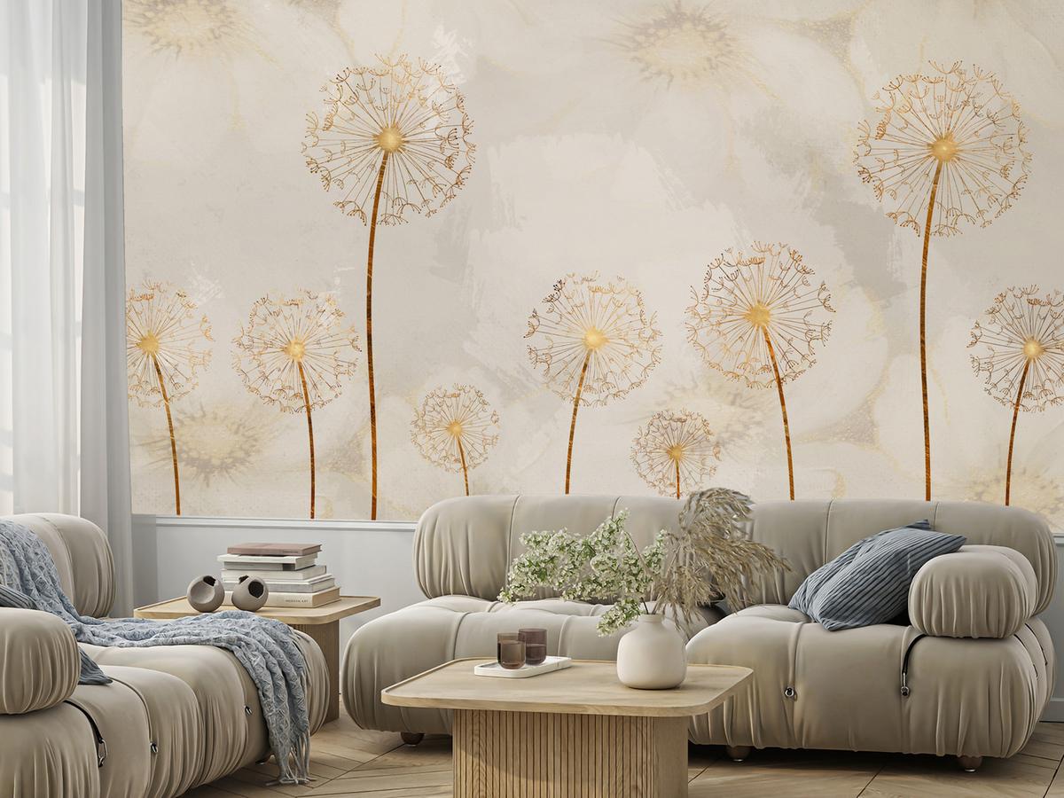 FOTOTAPETE für Schlafzimmer Goldene Löwenzahn Aquarell Blumen 400x280 - Gelb/Beige, Papier (400/280cm) - Muralo