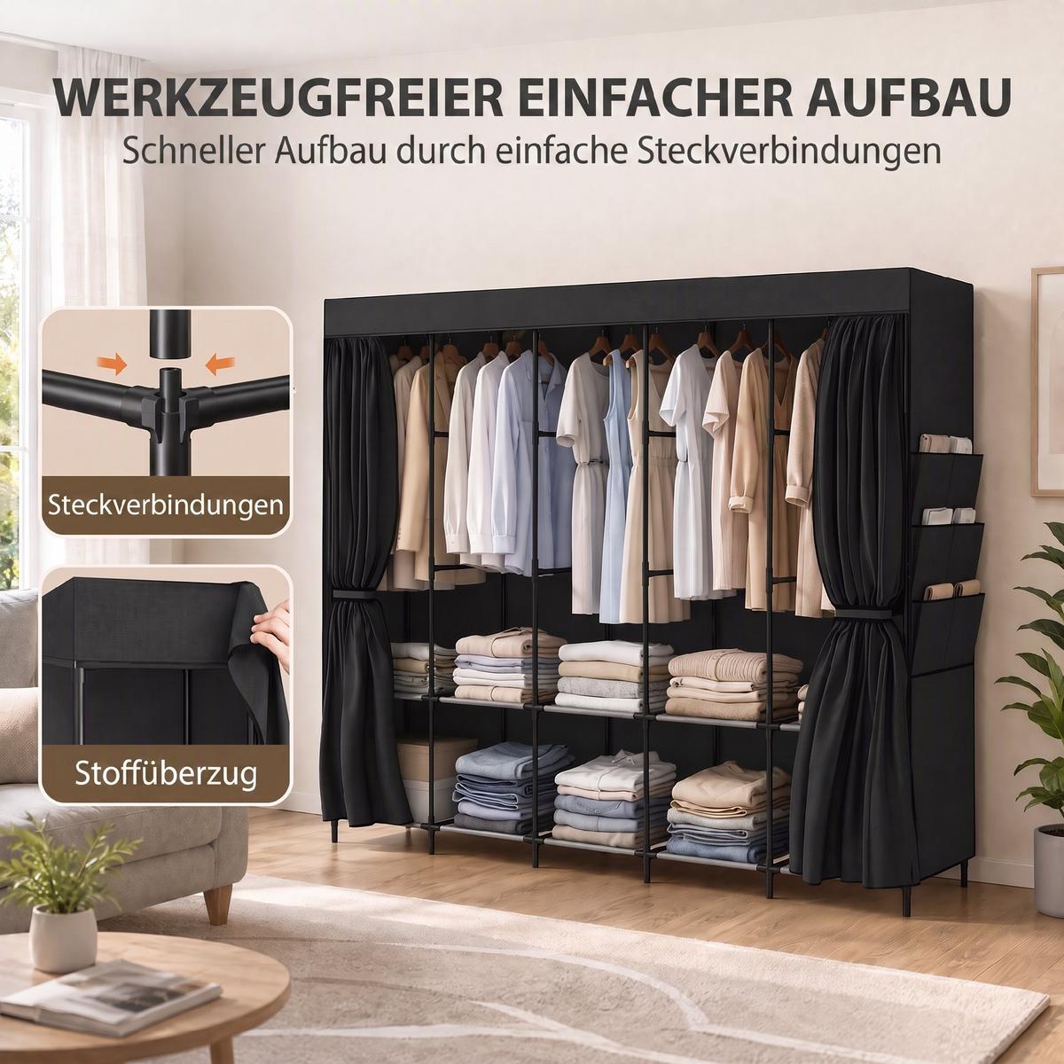 STOFFSCHRANK Stahl Vliesstoff Schwarz - Schwarz, Textil/Metall (45/167/212cm) - HOMCOM