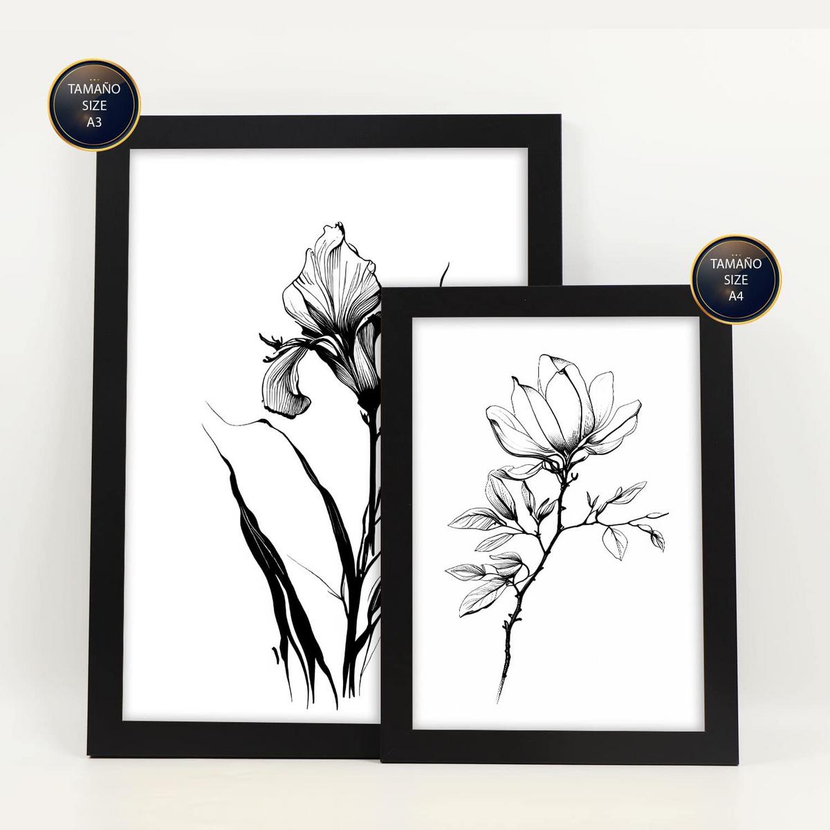 POSTER Set Mit 6 Zarte Blumen Natur Und Botanikdrucke Mit Blumenmotiven In Klassischem Schwarz Und Weiß Innenarchitektur A3 & A4 Schwarzer Rahmen - Schwarz, Papier (29/3cm) - Nacnic
