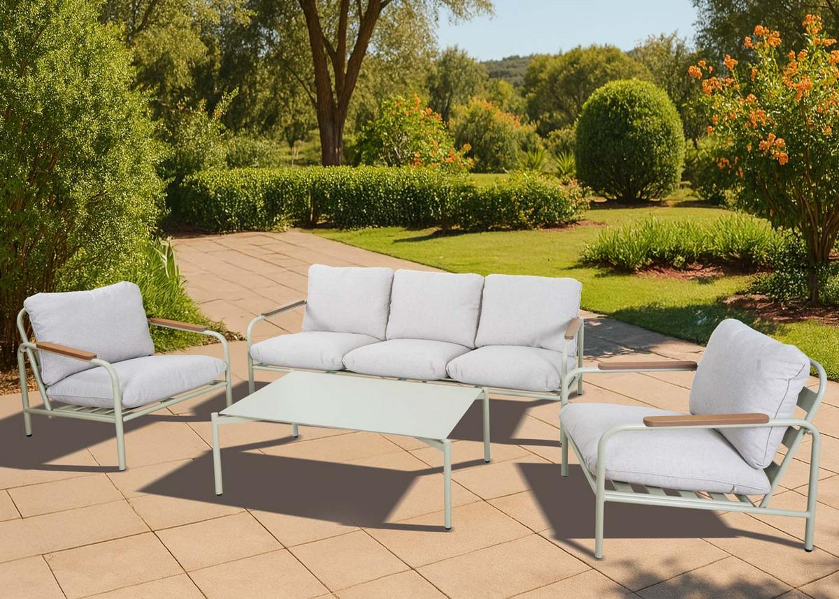 GARTENGARNITUR Hellgrün, Beige 1x 3-Sitzer Gartenbank, 2x Sessel und 1x Tisch-Set - Beige/Hellgrün, Metall - MCW