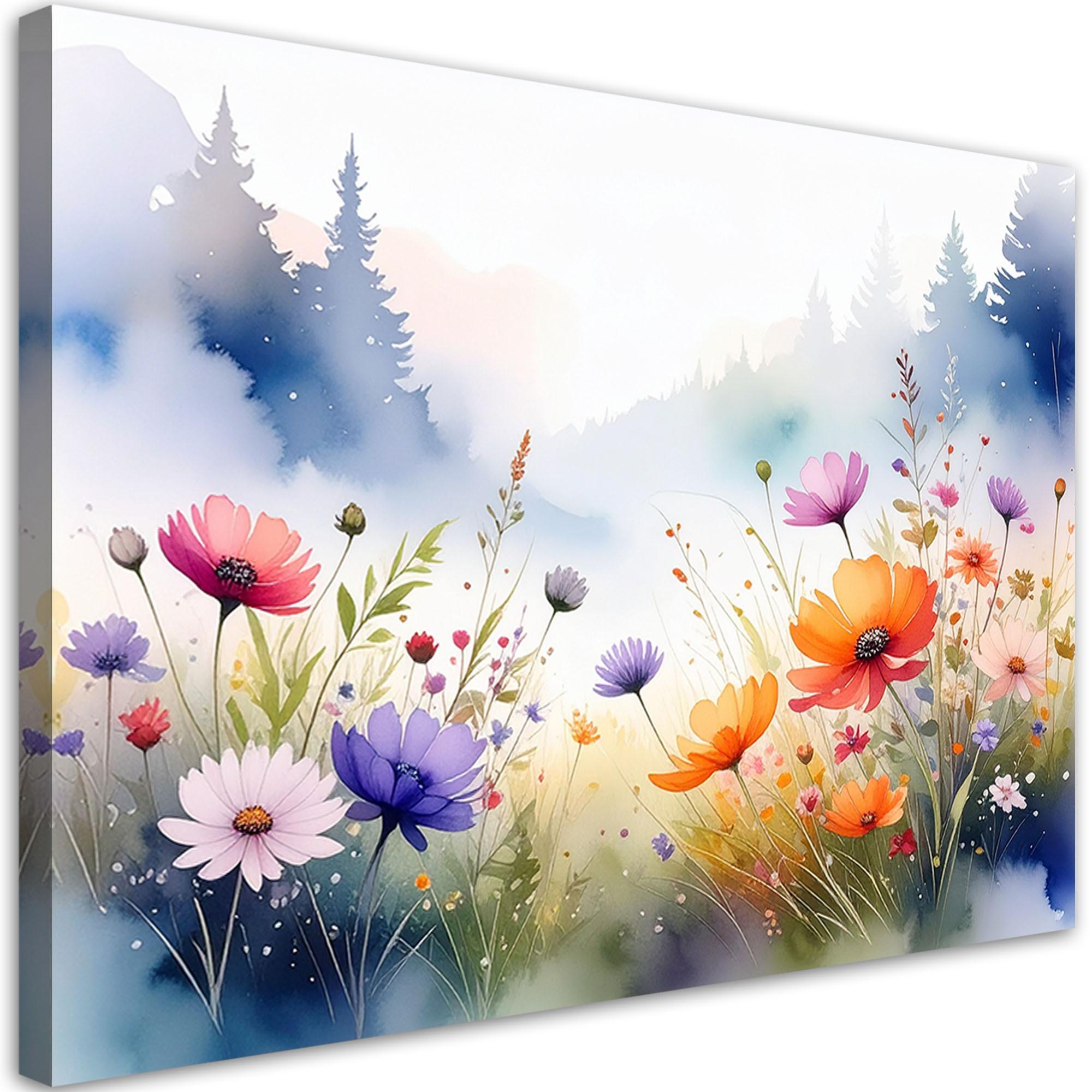 BILD auf Leinwand, Feld Blumen Wald Pastell Landschaft - Multicolor, Textil (30/20cm) - Feeby
