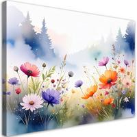 BILD auf Leinwand, Feld Blumen Wald Pastell Landschaft - Multicolor, Textil (30/20cm) - Feeby