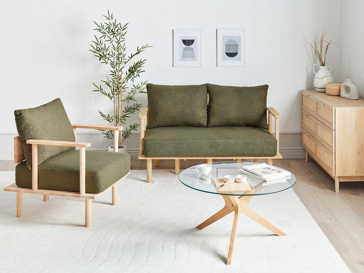 SOFA-SET 3-Sitzer Bouclé Dunkelgrün Asker - Dunkelgrün/Braun, Textil (133/87/74cm) - Beliani