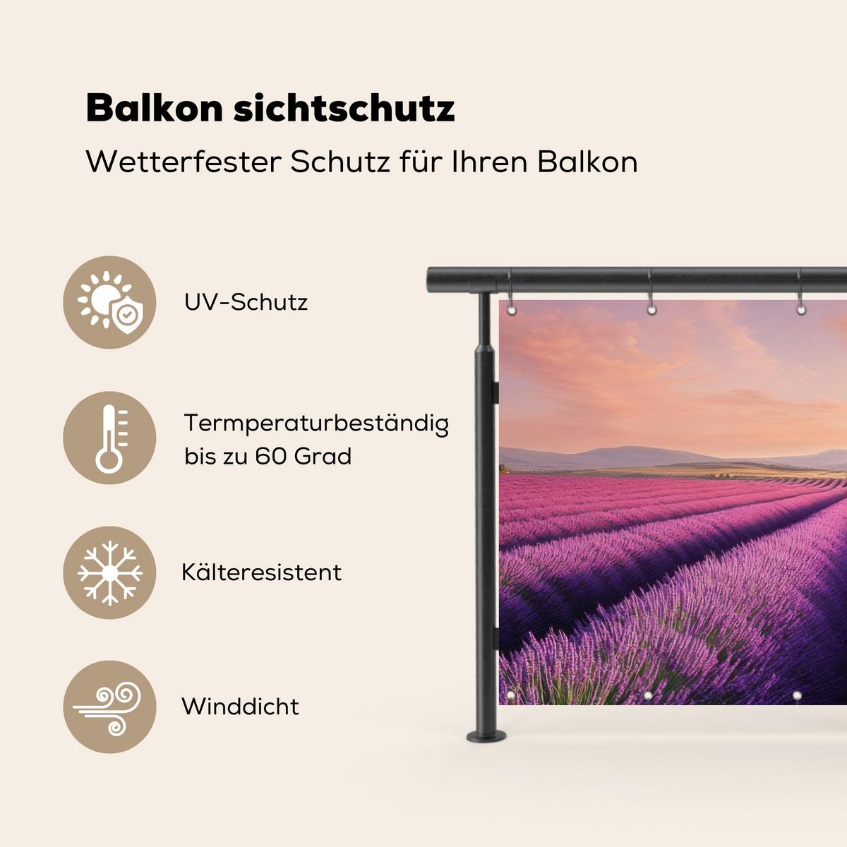 BALKON-SICHTSCHUTZ Lavendelfeld - Sonnenuntergang - Lila - Blumen Witterungsbeständig 200x110 cm - Violett, Kunststoff (200/110cm) - MuchoWow