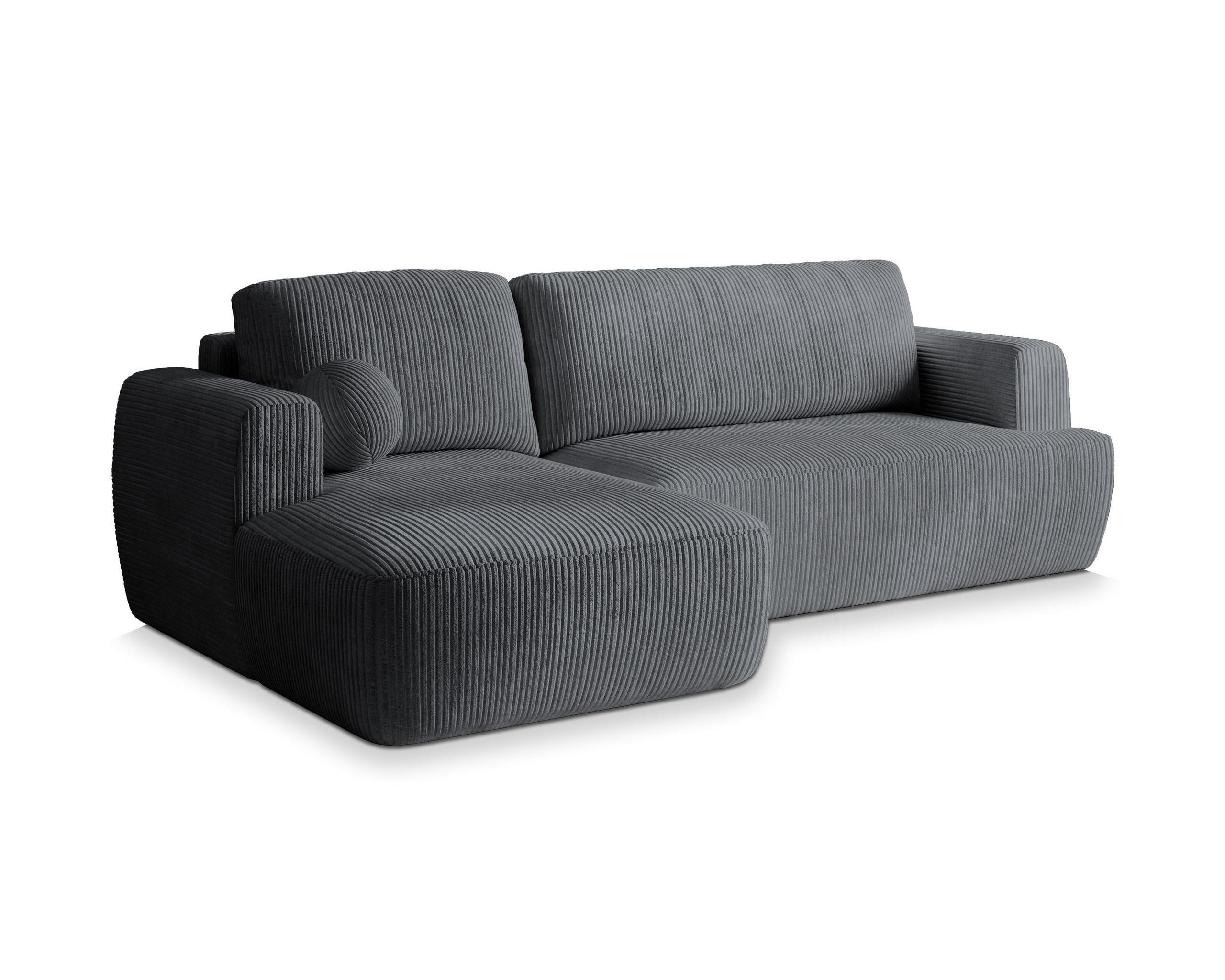 ECKSOFA SENTI P L-S Grau Kordstoff mit Schlaffunktion - Schwarz/Grau, Holz/Kunststoff (246/148cm) - MASSENO