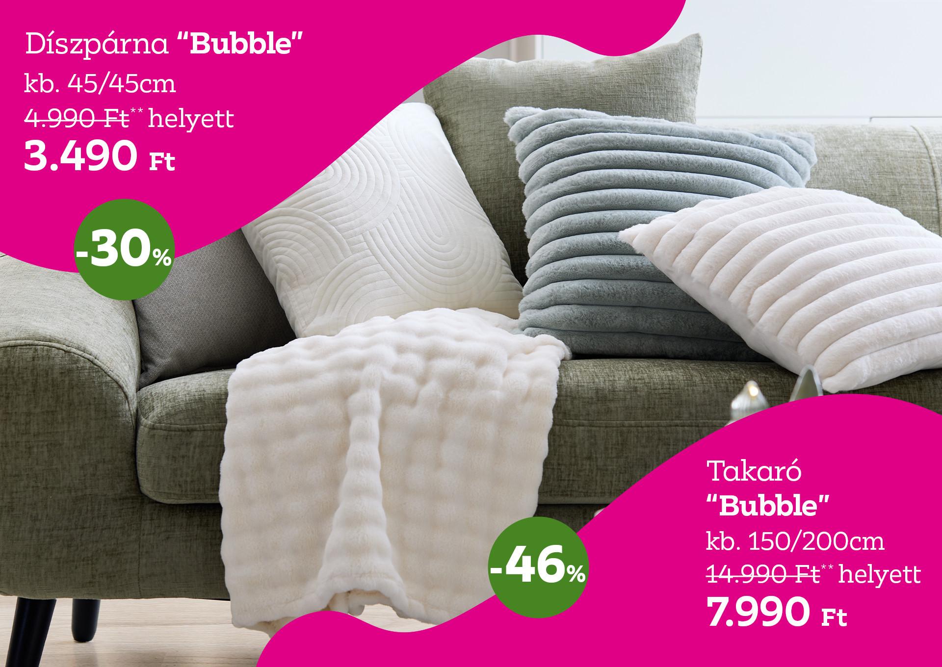Takaró BUBBLE 14990 Forint helyett 7990 Forint kedvezmény mértéke 46%, Díszpárna BUBBLE 4990 Forint helyett 3490 Forint kedvezmény mértéke 30%