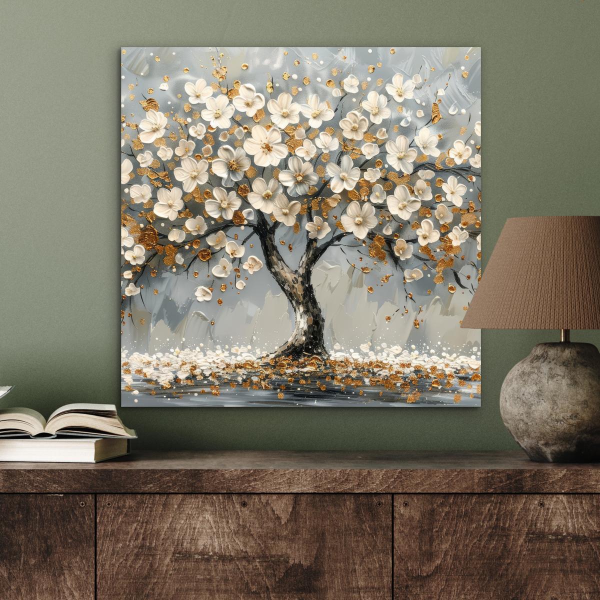 METALLBILD Baum - Blumen - Weiß - Natur - Kunst 50x50 cm - Weiß, Metall (50/50cm) - MuchoWow