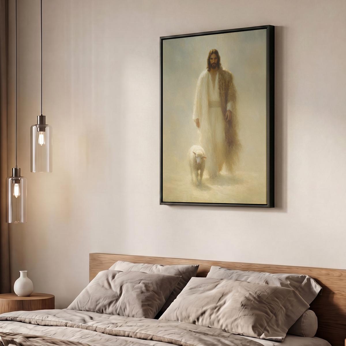 LEINWAND Bilder mit Rahmen - Schaf - Jesus - Pinselstriche - Abstrakt - 50x70 - Beige, Textil (50/70cm) - MuchoWow