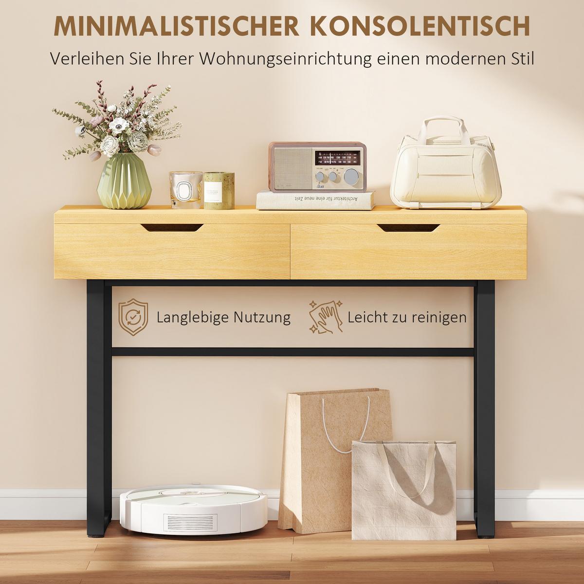 KONSOLENTISCH Schmaler Flurtisch mit 2 Schubladen, Metallrahmen, Natur - Naturfarben, Holzwerkstoff (110/35/76.5cm) - HOMCOM