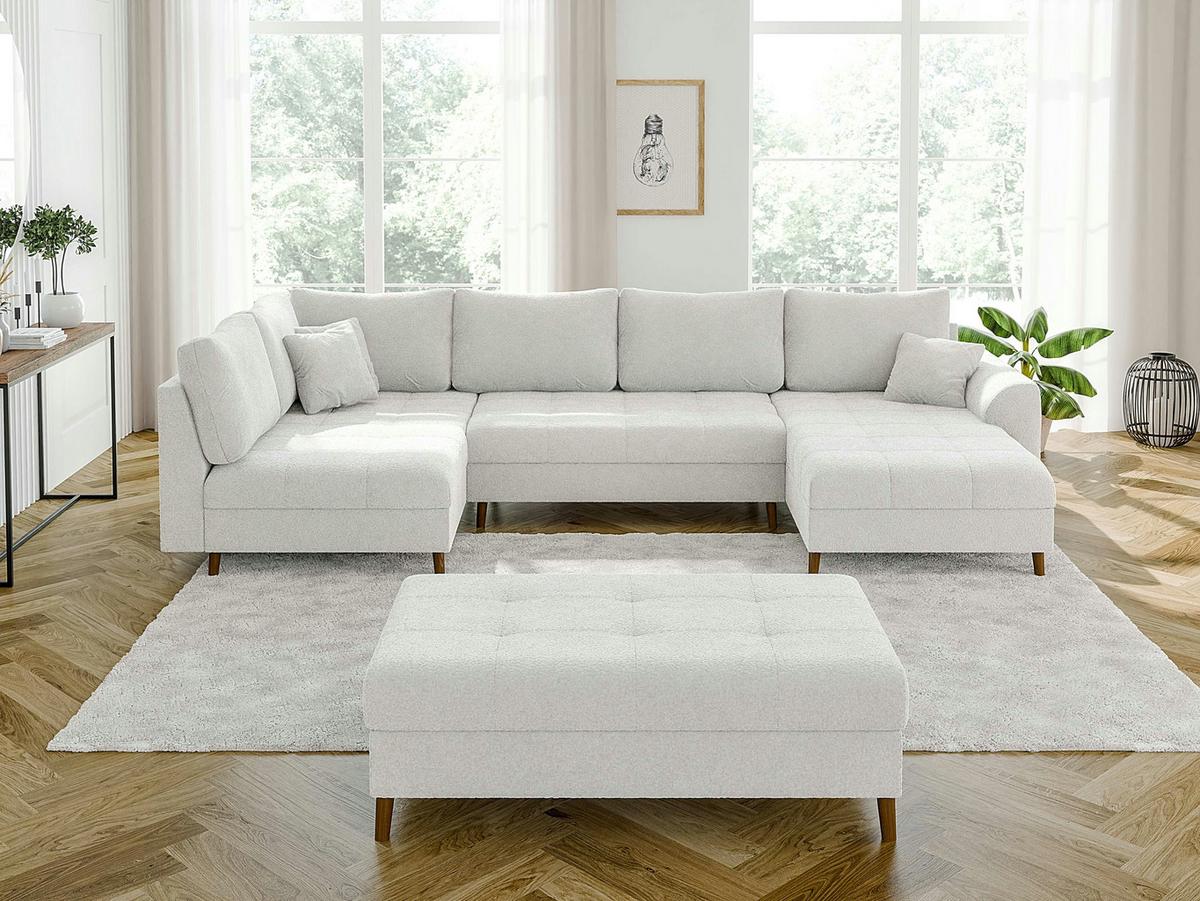 WOHNLANDSCHAFT inkl. Hocker Henrik Weiß Boucle - Weiß/Braun, Holz/Textil (310/81/161cm) - S-Style
