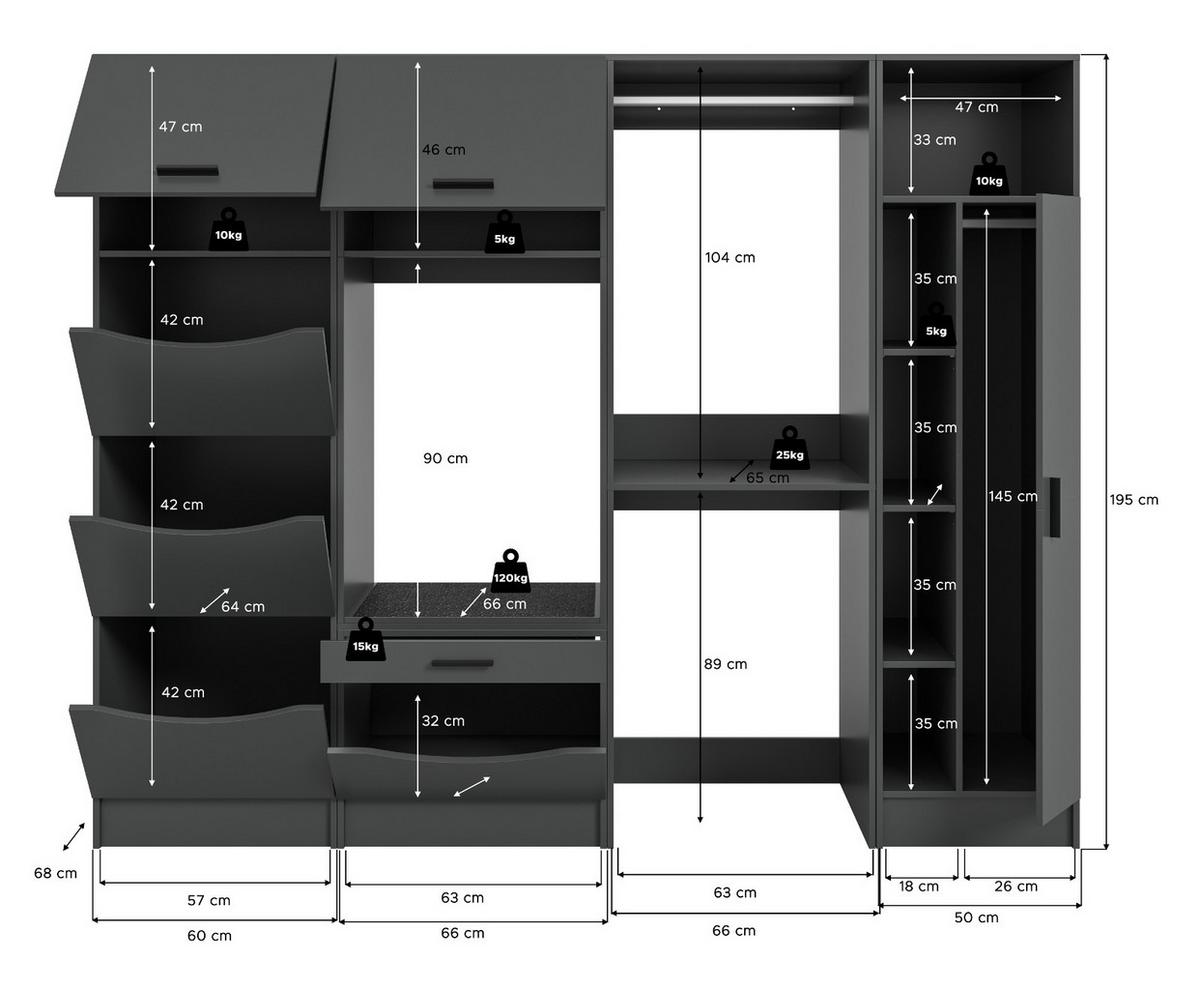 WASCHMASCHINENSCHRANK grau Set 4-teilig 242 x 196 cm, XXXL mit viel Stauraum - Schwarz/Grau, Holzwerkstoff/Kunststoff (242/196/68cm) - Inn.Furn