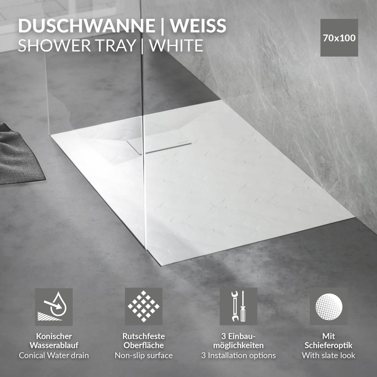 DUSCHWANNE 100x70 cm Weiß mit Ablaufgarnitur aus SMC - Weiß, Kunststoff (70/3/100cm) - LuxeBath