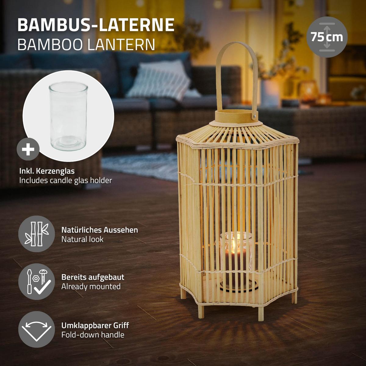 BAMBUS LATERNE H: 75 cm Holzfarbe Boho Stil - Naturfarben, Holz (35/75/35cm) - ECD-Germany