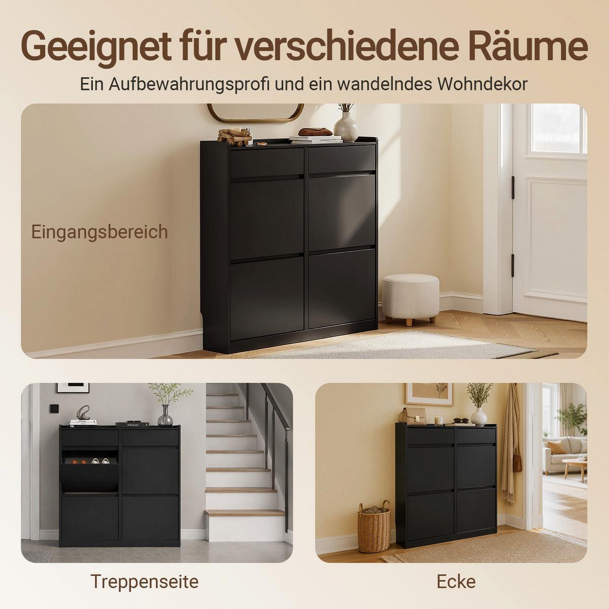 SCHUHKIPPER mit 4 Klappen und 2 Schubladen, Schwarz 98x19x95 cm - Schwarz, Holzwerkstoff (98/95/19cm) - SoBuy