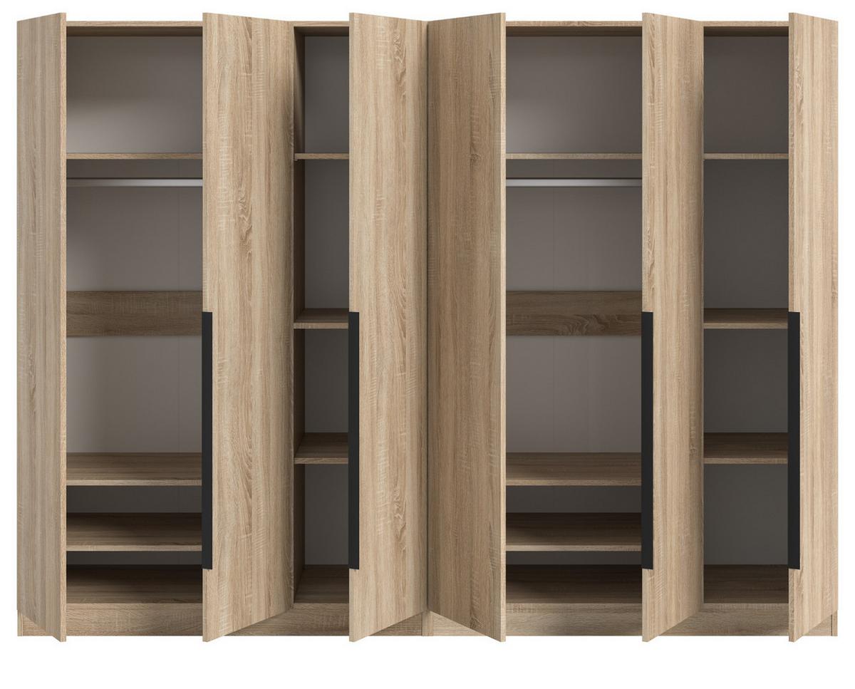 KLEIDERSCHRANK Eiche Sonoma 6-türig 240 x 181 cm, Drehtürenschrank mit zusätzlichen Einlegeböden - Eichefarben/Schwarz, Holzwerkstoff/Kunststoff (240/181/52cm) - Inn.Furn