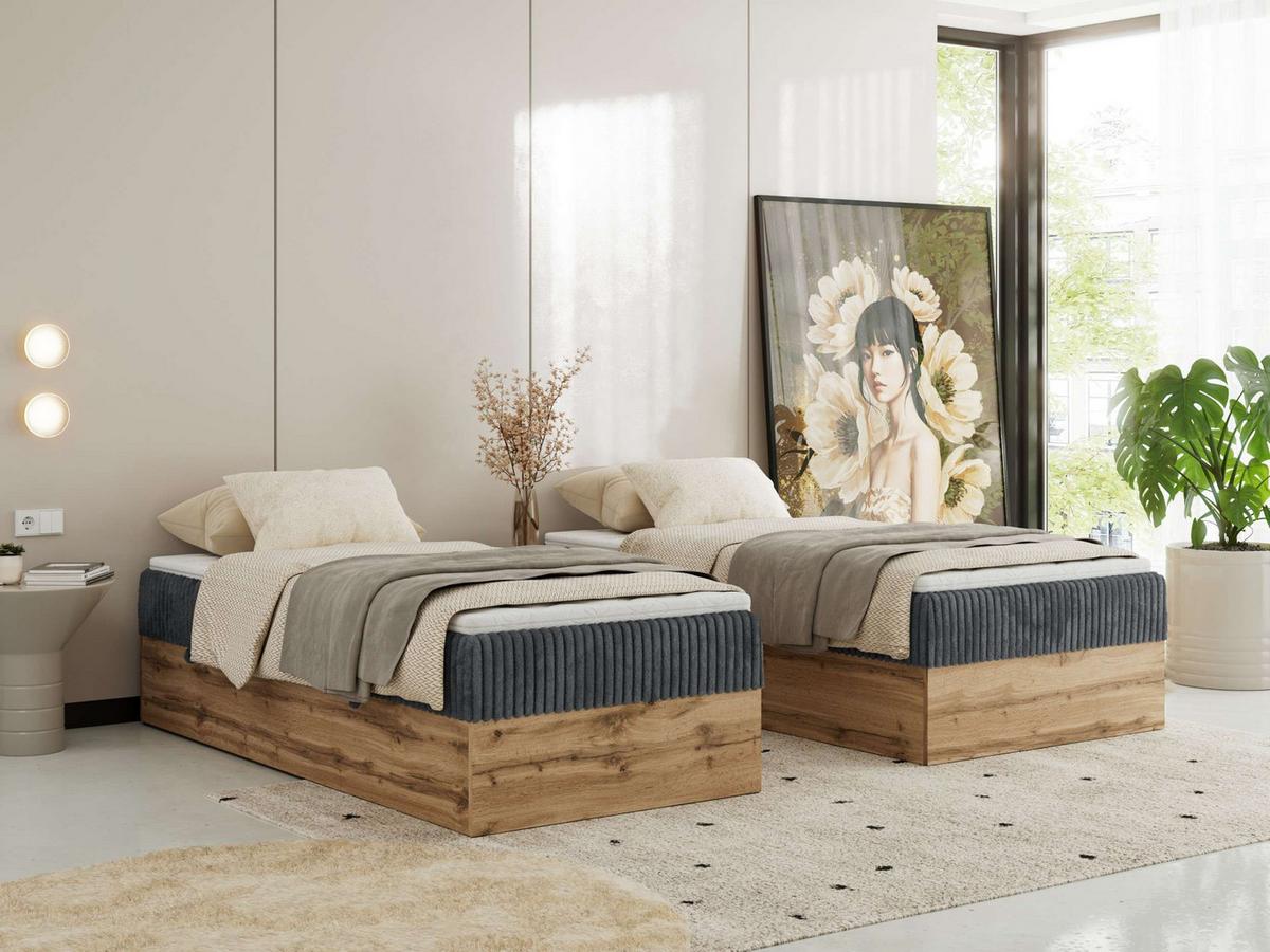 BOXBETT WOOD ZERO 90/200 - Grau Cord - H3 - Topper Visco - Grau, Textil (90/200cm) - MKS
