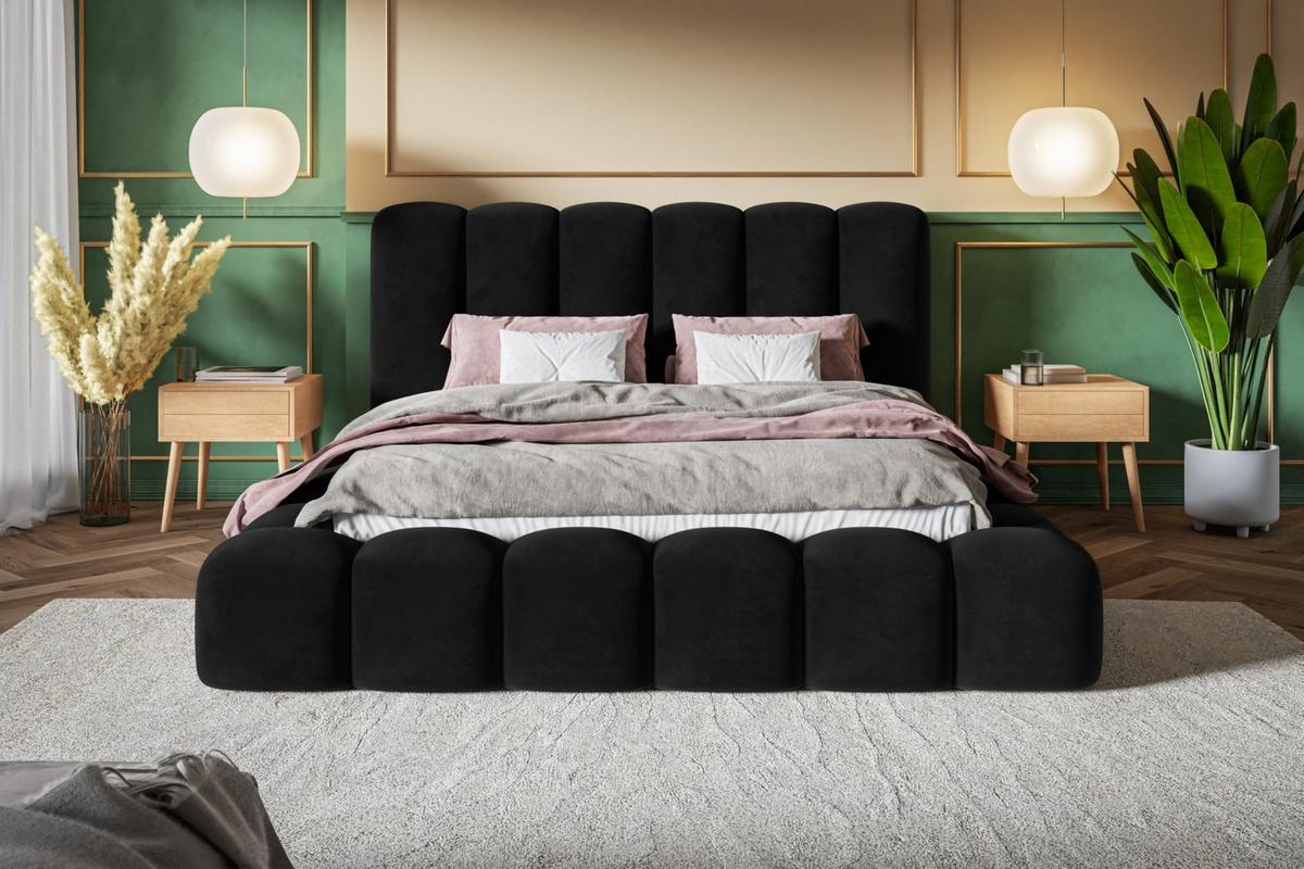BETT 140x200 - Polsterbett mit Bettkasten und Metallrahmen - Modern Bett - Eleganter Amor-Velvet-Stoff - Kollektion Nora Maxi - Schwarz - Schwarz, Holz/Textil (140/200cm) - Alpi-Möbel