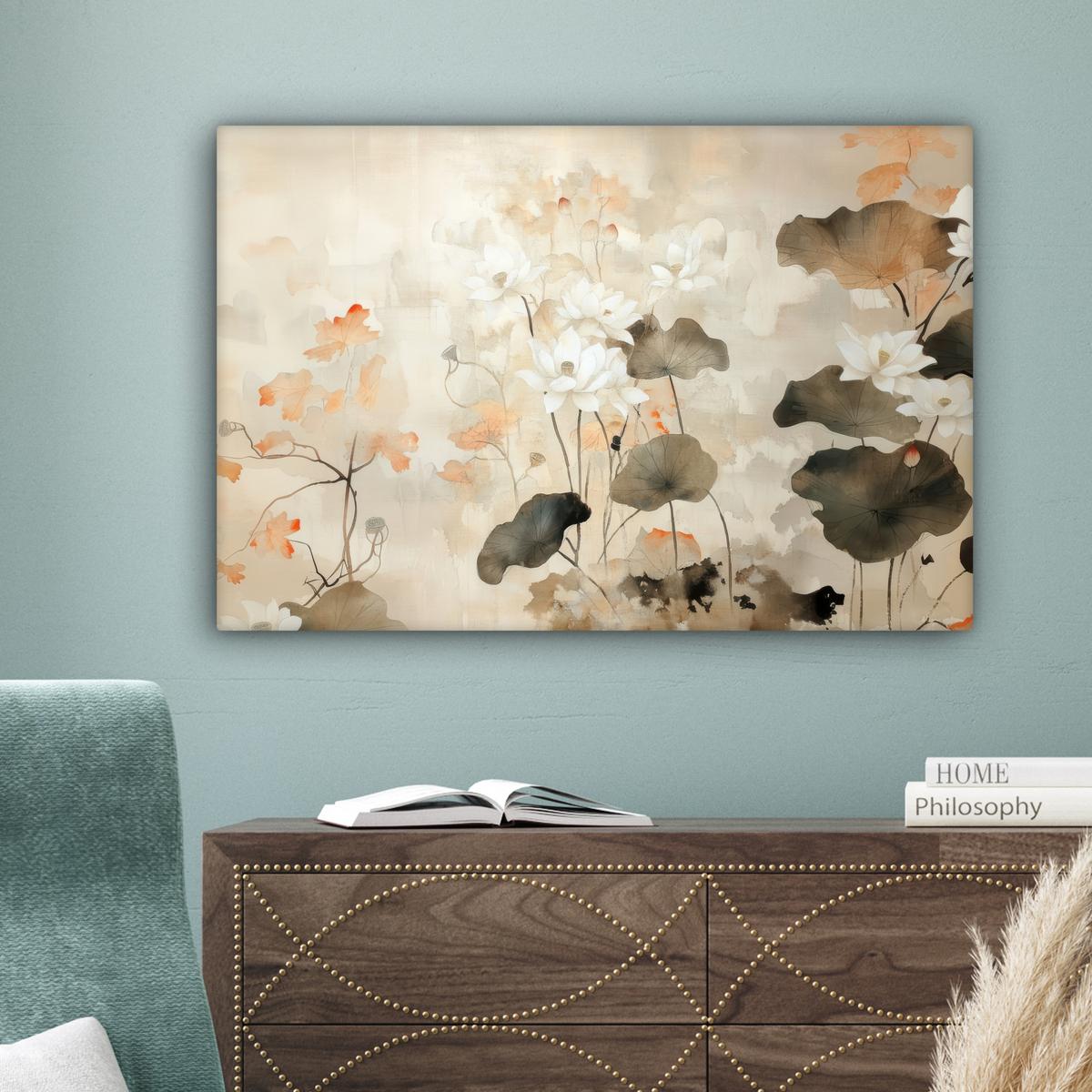 LEINWANDBILD Blumen - Japandi - Wabi sabi Wanddeko 90x60 cm - Sandfarben, Textil (90/60cm) - MuchoWow